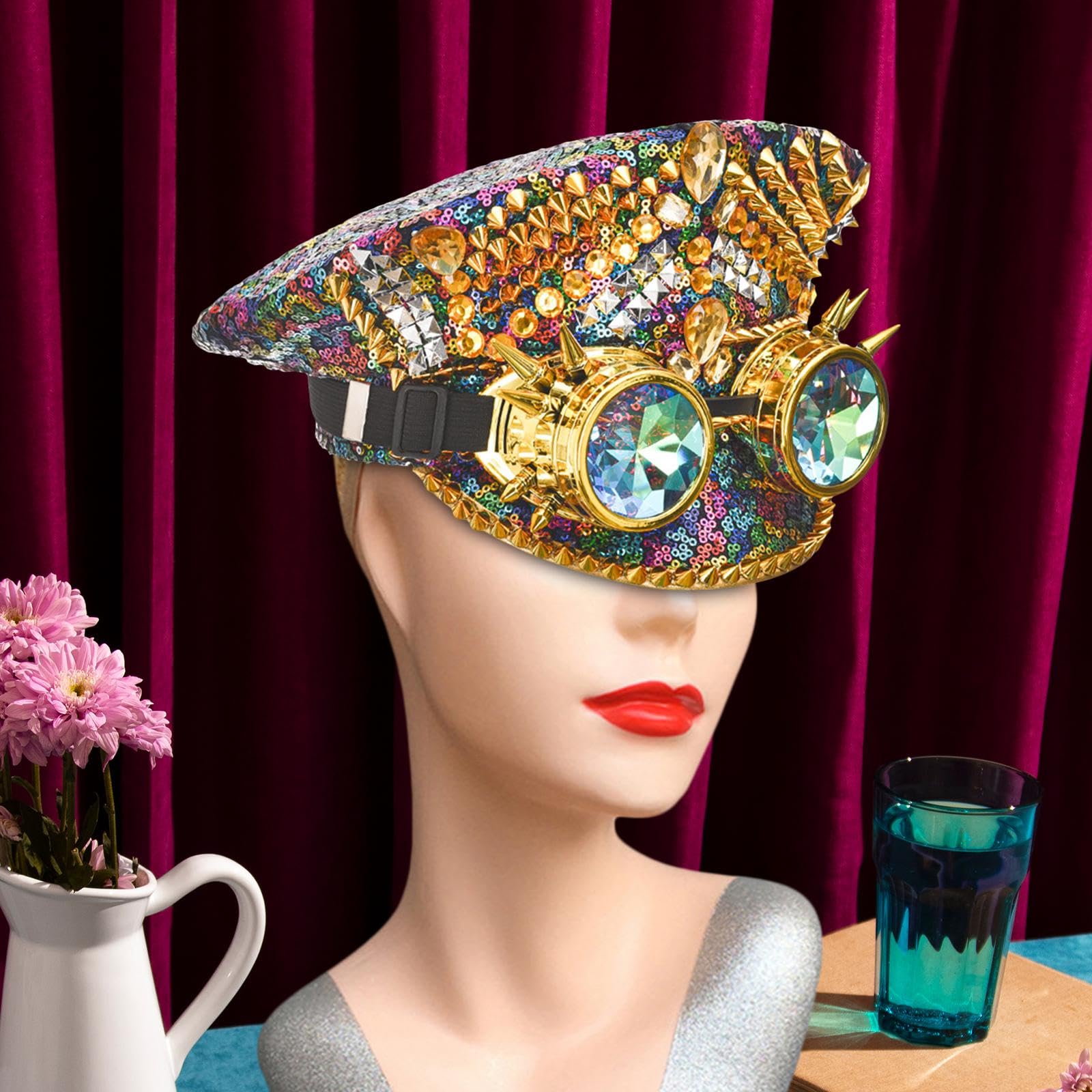 Gothic-Partyhut, Steampunk-Disco-Kopfbedeckung, Pailletten-Strass-Hut für Bühnenshow, Braut, Hochzeit, Rave, Nachtclub
