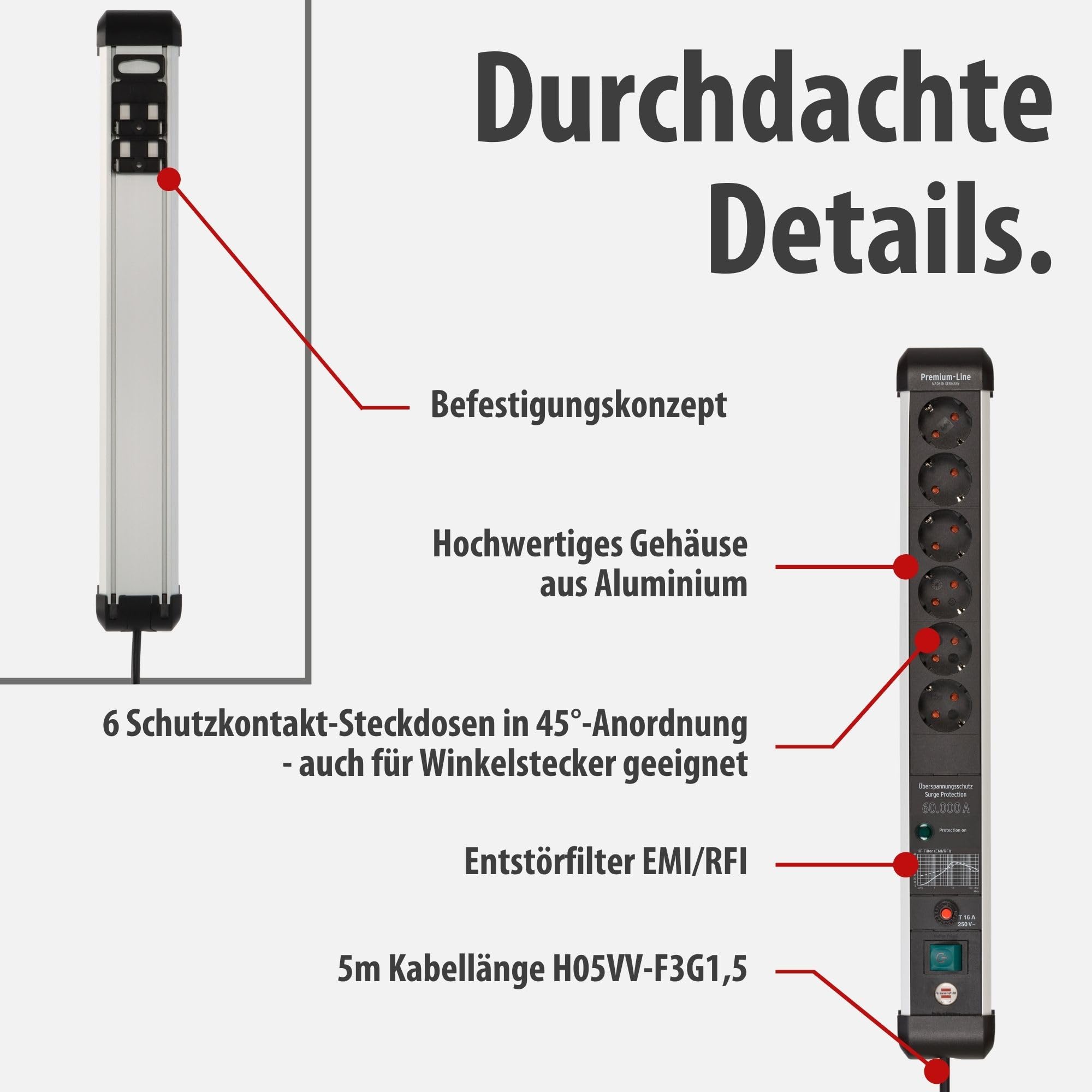 Brennenstuhl Premium-Protect-Line Steckdosenleiste 6-Fach, 5m | Mit Überspannungsschutz 60.000 A, Mehrfachsteckdose mit Schalter, Made in Germany, silber/schwarz