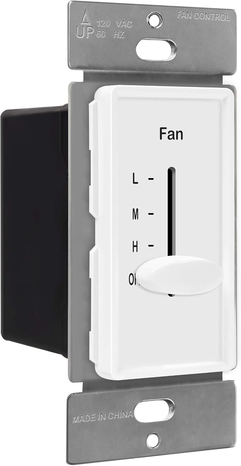 ENERLITES 3 Speed In Wall Ceiling Fan Control, Slide switch, 120VAC, 2.5A, Single-Pole, No Neutral Wire Required, 17000-F3-W-F, White