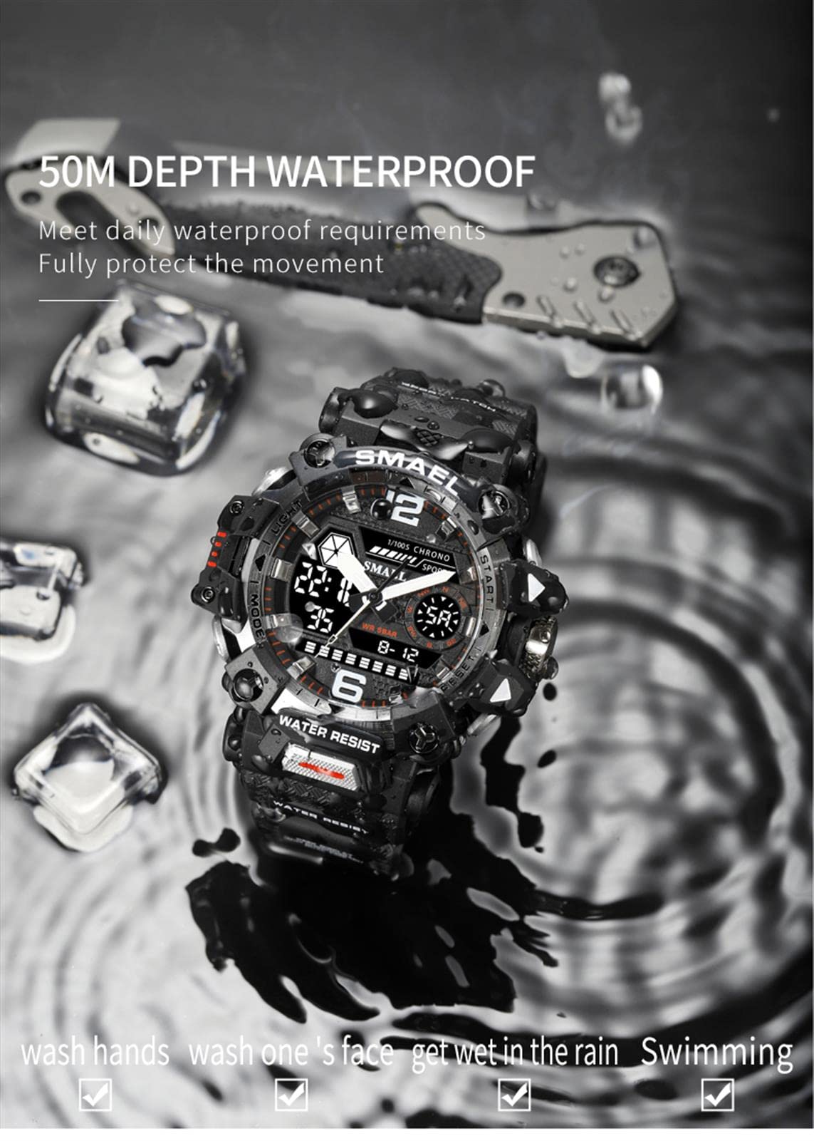 Montre Homme Numérique Analogique Sport Grand Visage Montres Homme Militaire Chronomètre 50M Etanche Multifonctionnel Montre