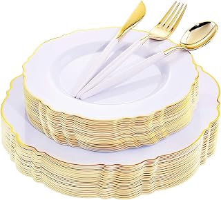 WDF 30Guest Gold Plastic Plates Disposable - Gold Plastic Silverware With White Handle Baroque Plates Disposable for Weddings, Parties, Bridal Shower