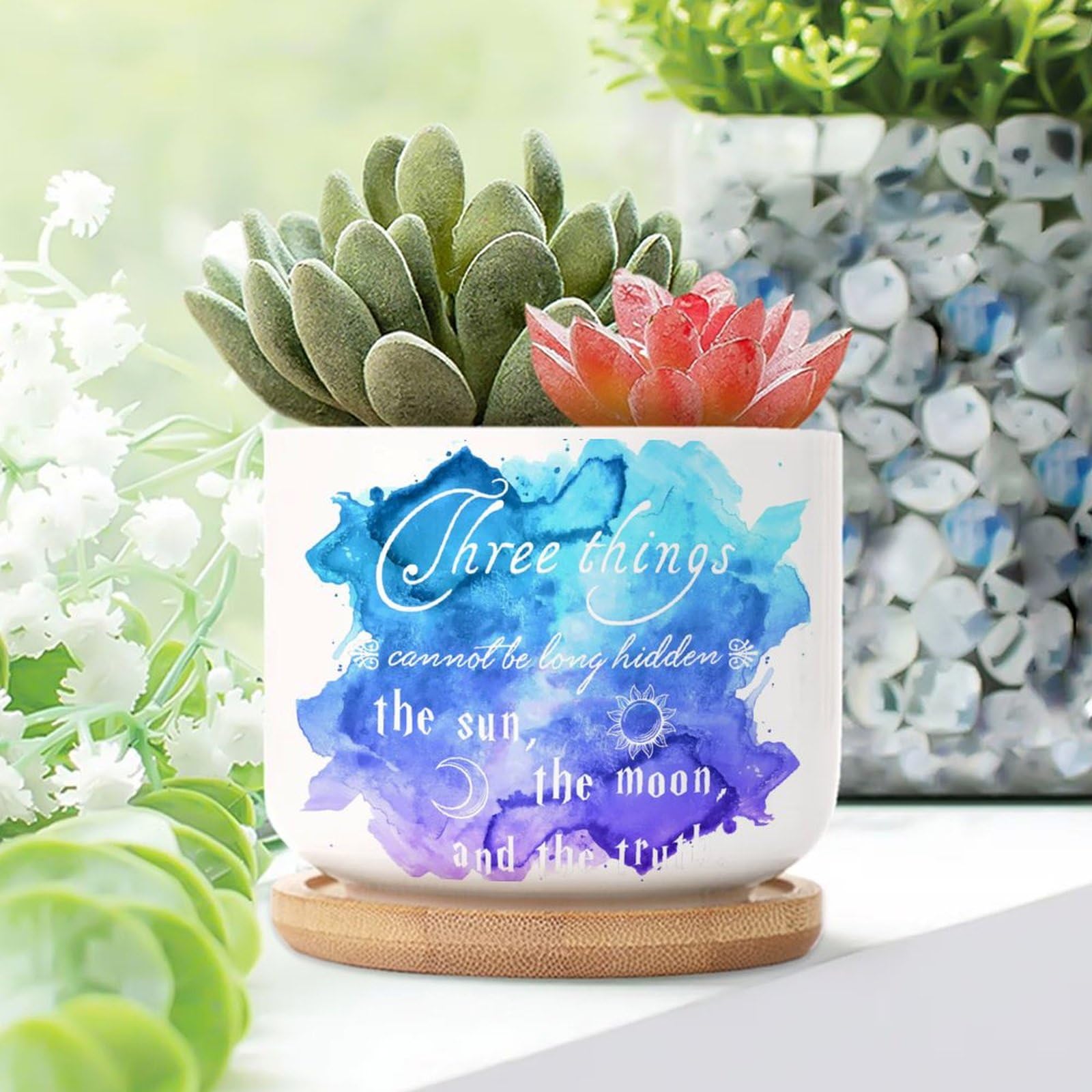 Yelolyio Three Things Cannot Be Long Hidden The Sun The Moon Planters Ceramic Lettering Saying Round Flower Pots With Drainage Holes And Bamboo Tray Pot For Outdoor Garden Home Plant
