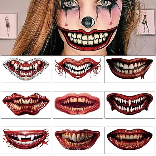 Miniatura 7 de Calcomanías de tatuaje de boca de sonrisa de Halloween, tatuajes temporales de boca de payaso, 12 hojas de calcomanías de cara aterradora,