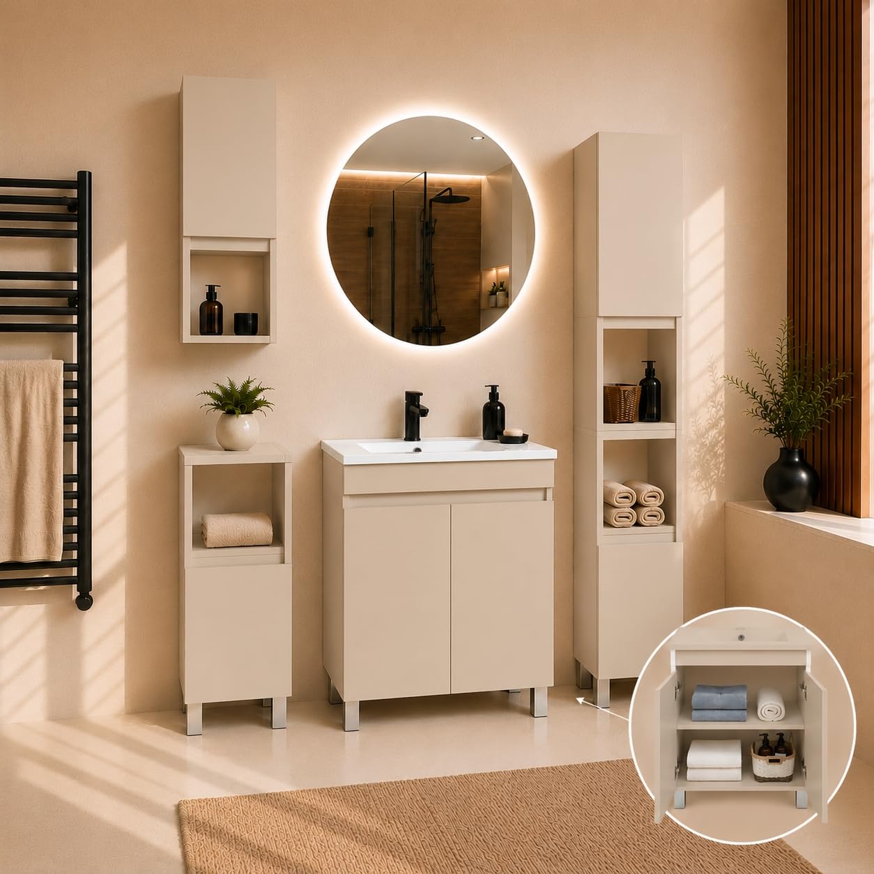 Mueble de baño con lavabo de pie con lavabo con acabado en cachemira (beige) mate, 60 x 40 cm, sistema de cierre suave.