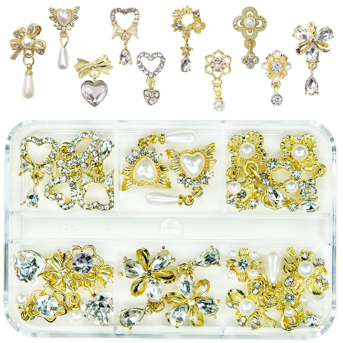 20Pcs Luxury Nail Charms 10 Pair Dangle Nail Art Rhinestones Heart Charms for Nails Flower Nail Crystals Heart Pearl Crystal Big Gems 3D Alloy Gold