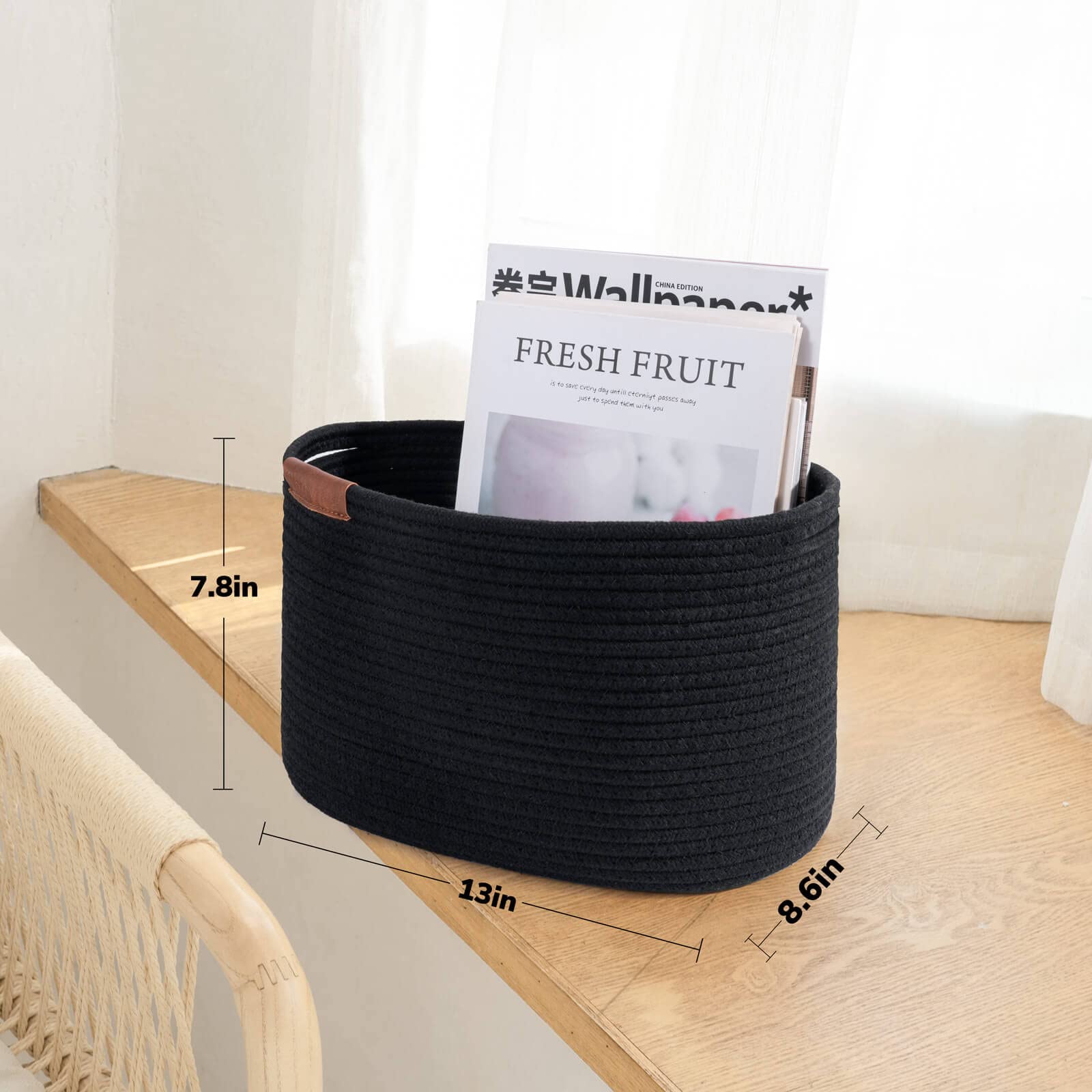 Cestas para organizar, cesta de almacenamiento con asas y etiqueta decorativa de cuero, cesta tejida para juguetes, toallas, paños, zapatos, cesta negra, 3 paquetes 4