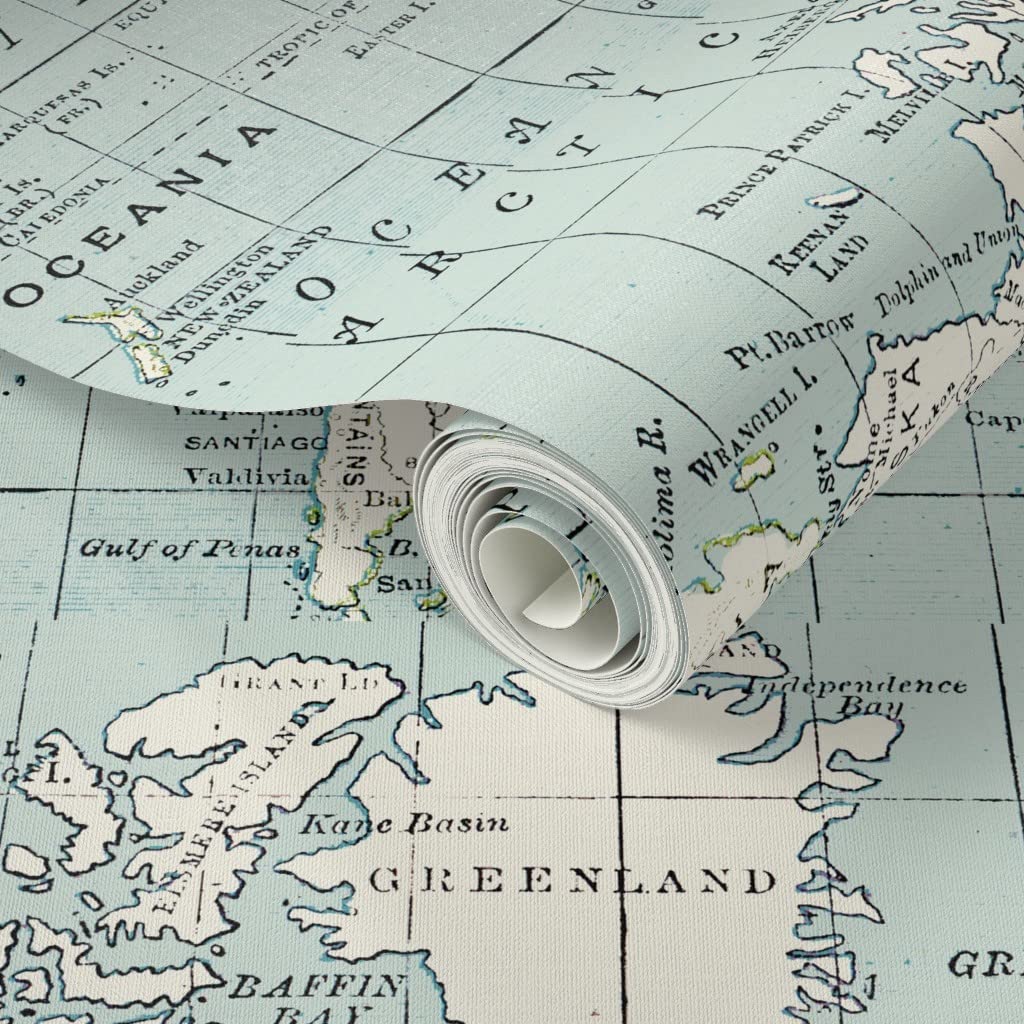 Peel & Stick Wallpaper 6ft x 2ft - Soft Blue Cream World Map Vintage Gray White Cheater Quilt Geography Travel Baby Boy Room Custom Removable Wallpaper by Spoonflower