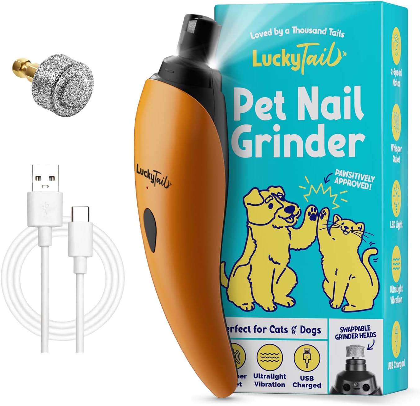 LUCKY TAIL Pet Nail Grinder for Dogs and Cats - Super Quiet and Low Vibration Electric Dog Nail Grinder with 2 LED Lights - USB Rechargeable and Cordless - 2 Speeds - Small to Large Pets - Orange