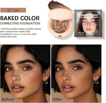 Baked Colour Correcting Powder Foundation – Lightweight Baked Foundation for Mature Skin, Neutralises Redness & Uneven Skin Tone, Natural Smooth Makeup (# 02 Tan)