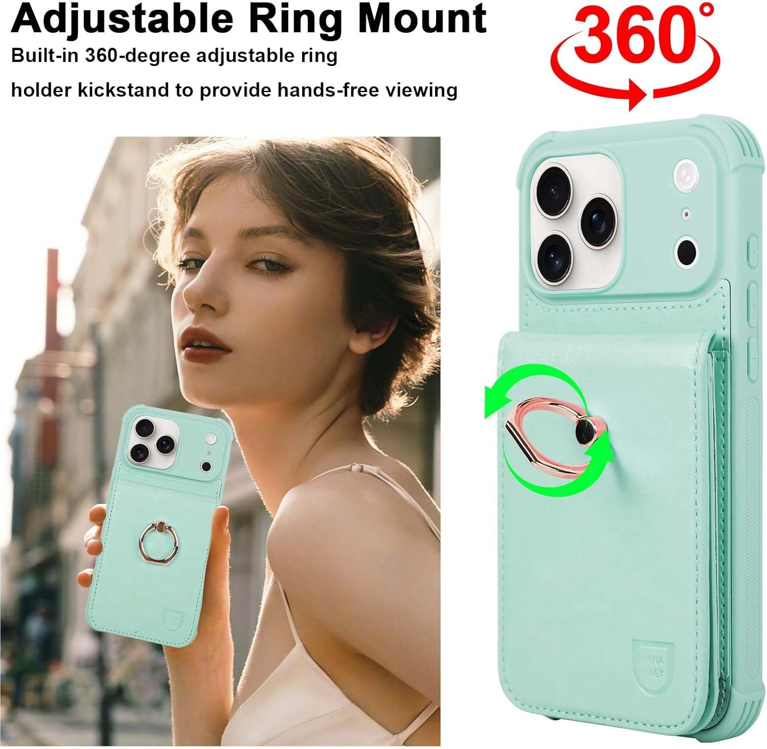 VANAVAGY Compatible for iPhone 17 Pro Wallet Case with RFID Blocking Card Holder, [Screen Protector] PU Leather Shockproof Case Magnetic Clasp Ring Kickstand Flip Phone Cover for Women Men,Light Mint - Image 6