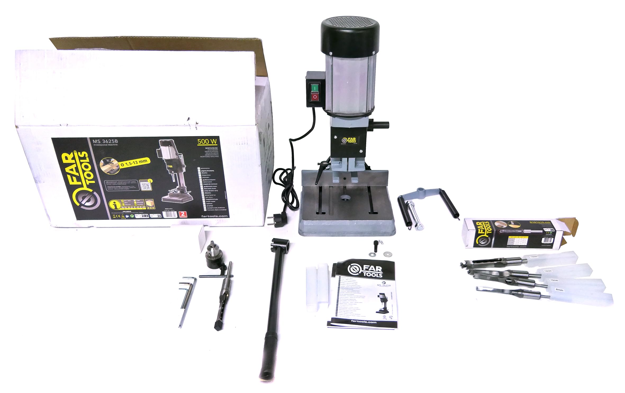 Fartools Mortaiseuse 370W, vitesse 1400tr/min, course de 0-76mm, broche Ø13mmB16, table 150x340mm, mécanisme crémaillère, bâti en fonte et acier