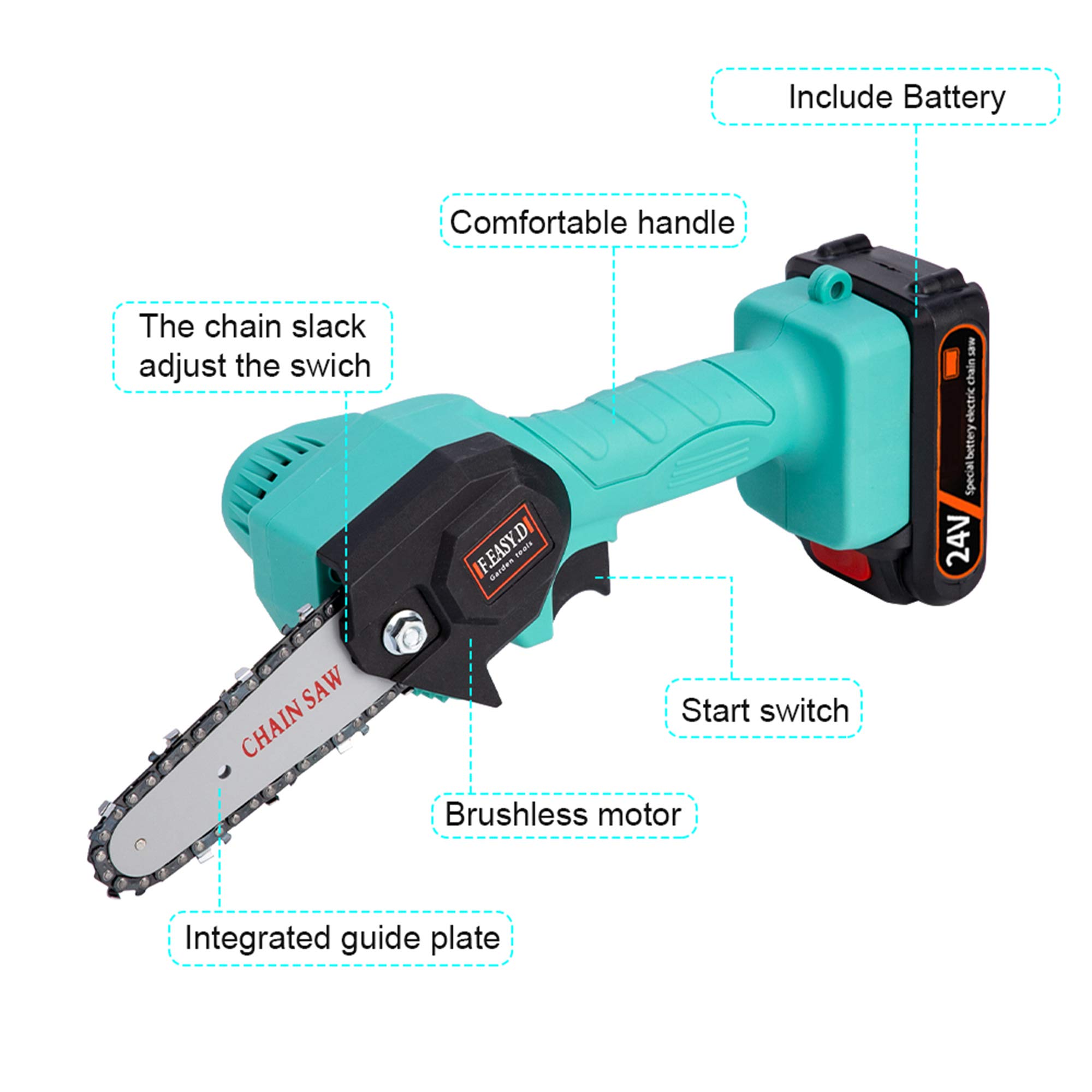 24V 550W Mini Sierra de Cadena Eléctrica Motosierra Portátil Herramienta de Jardín de Motosierra de Poda con Batería de Litio para Cortar Madera Herramienta de Carpintería Recargable