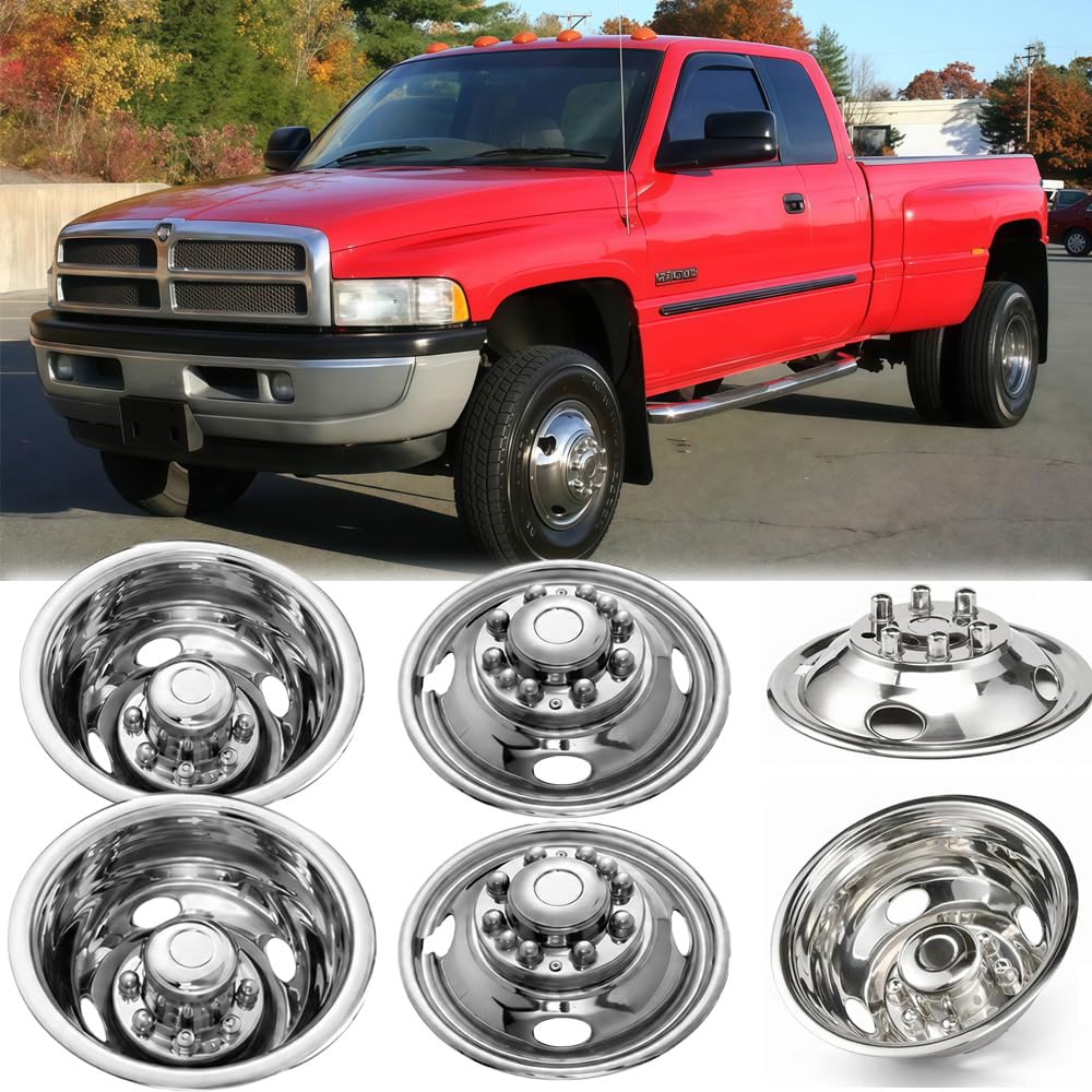 4pc 16" Anti Rust Wheel Simulators Compatible with Ford F450 1988-1998 w/Tool Kit C16D10, 10 Lug Polished Stainless Steel Dually Bolt On Cover Hubcaps C16D10