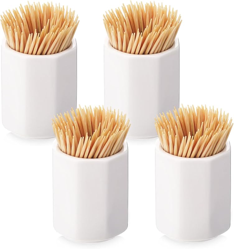 4 piezas de soporte para palillos de dientes de cerámica blanca, contenedor dispensador de palillos de dientes de cerámica simple para embutidos caseros, fácil de limpiar (octágono)