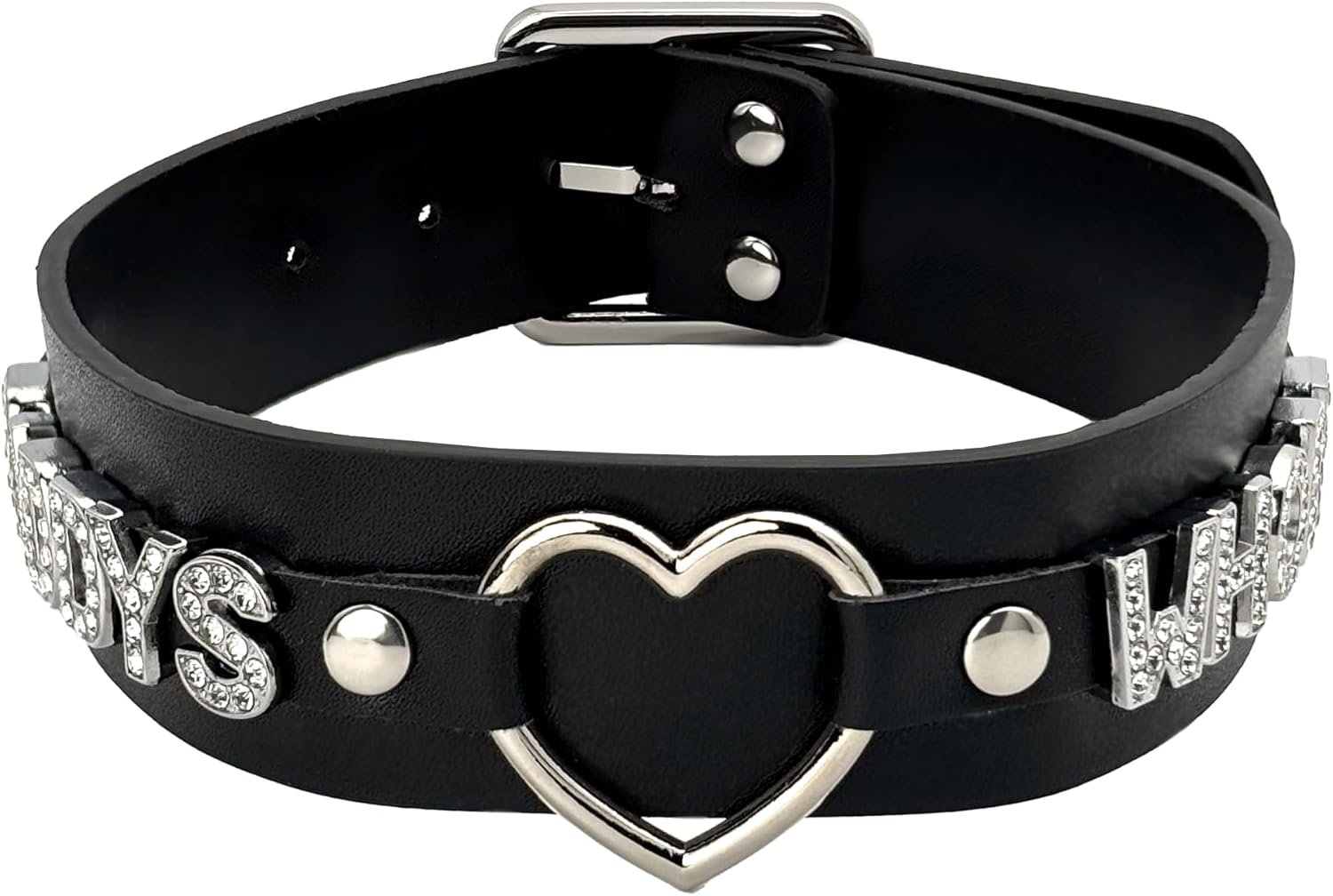 Women's Punk Black O-Ring Leather Choker Necklace, Adjustable PU Leather Leash Collar With Rhinestone Letterrs Gothic Jewelry for Women