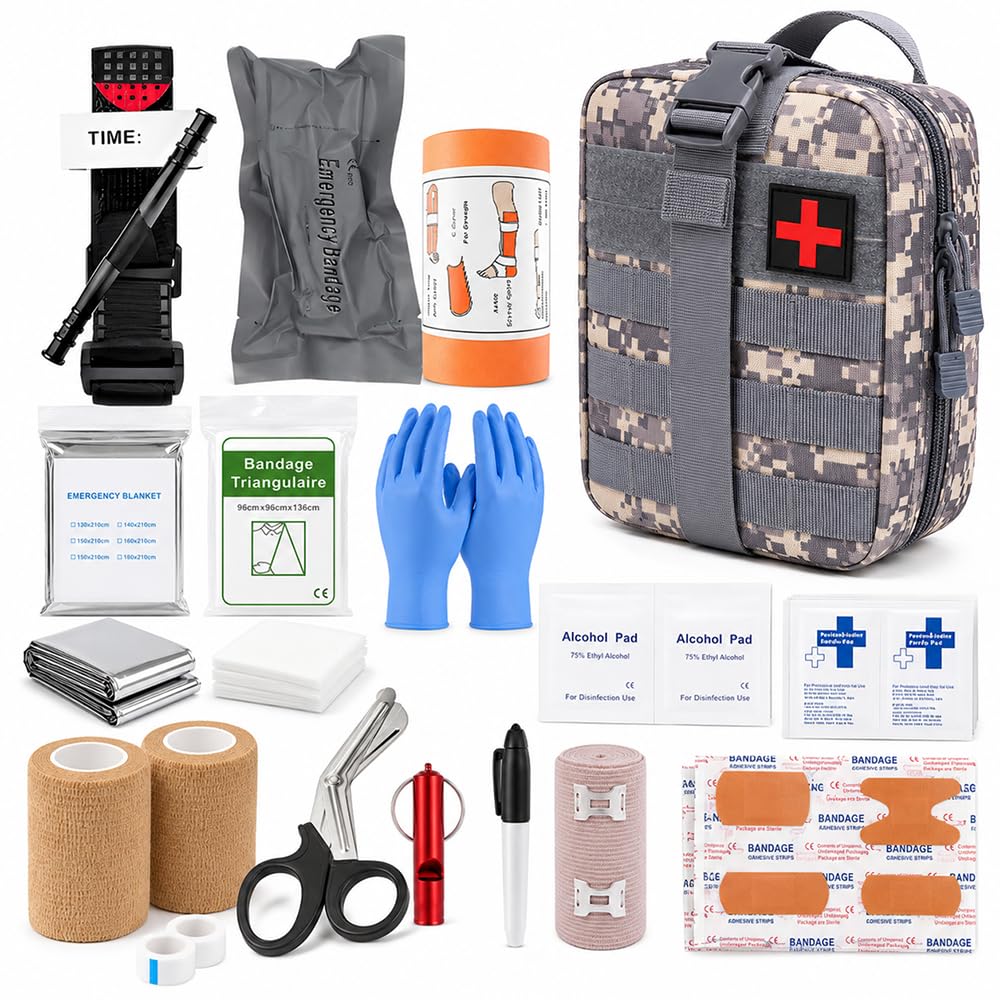 Juego de primeros auxilios militares para exteriores, 61 unidades, kit de primeros auxilios militares, relleno de Ifak, kit de emergencia, kit de supervivencia para acampar al aire libre, caza