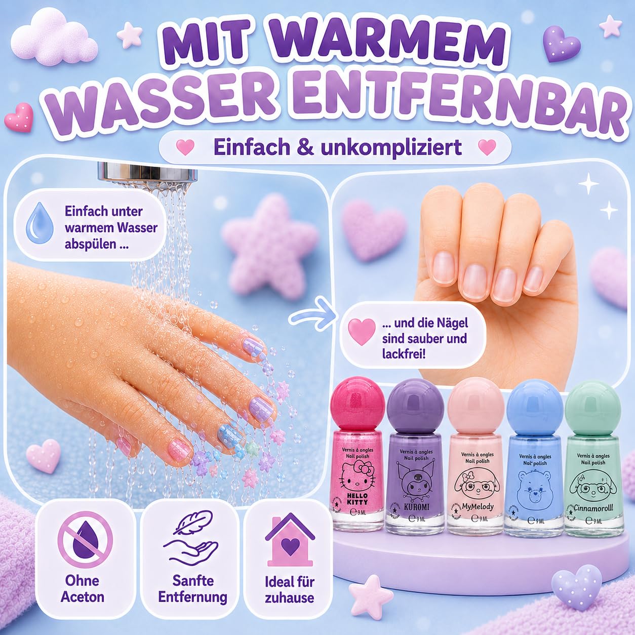 Hello Kitty, Melody, Kuromi, Cinnamoroll & Bisounours Lot de 5 vernis à ongles à paillettes végétaliens pour adultes – Séchage rapide, durable et testé dermatologiquement