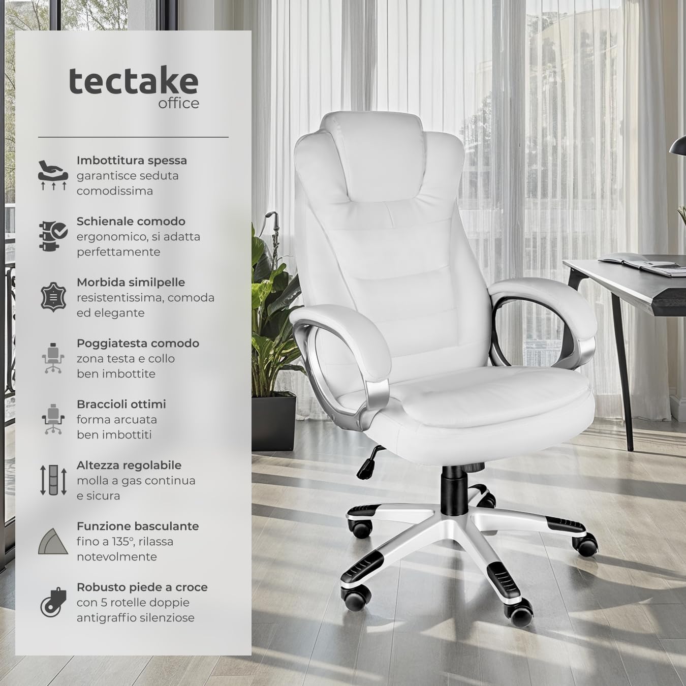 tectake® Poltrona da Ufficio Ergonomica, Sedia Ufficio con Imbottitura Extra Spessa, Poltrona con Poggia-testa Rinforzato, Regolazione Altezza con Molla a Gas, Inclinazione Personalizzabile - bianco