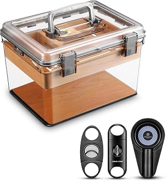Acrylic Cigar Humidor Set with Humidifier and Hygrometer, Transparent Humidor Built-in Cedar Shelf, Portable Desktop Humidor Can Store About 70 Cigars Small Size