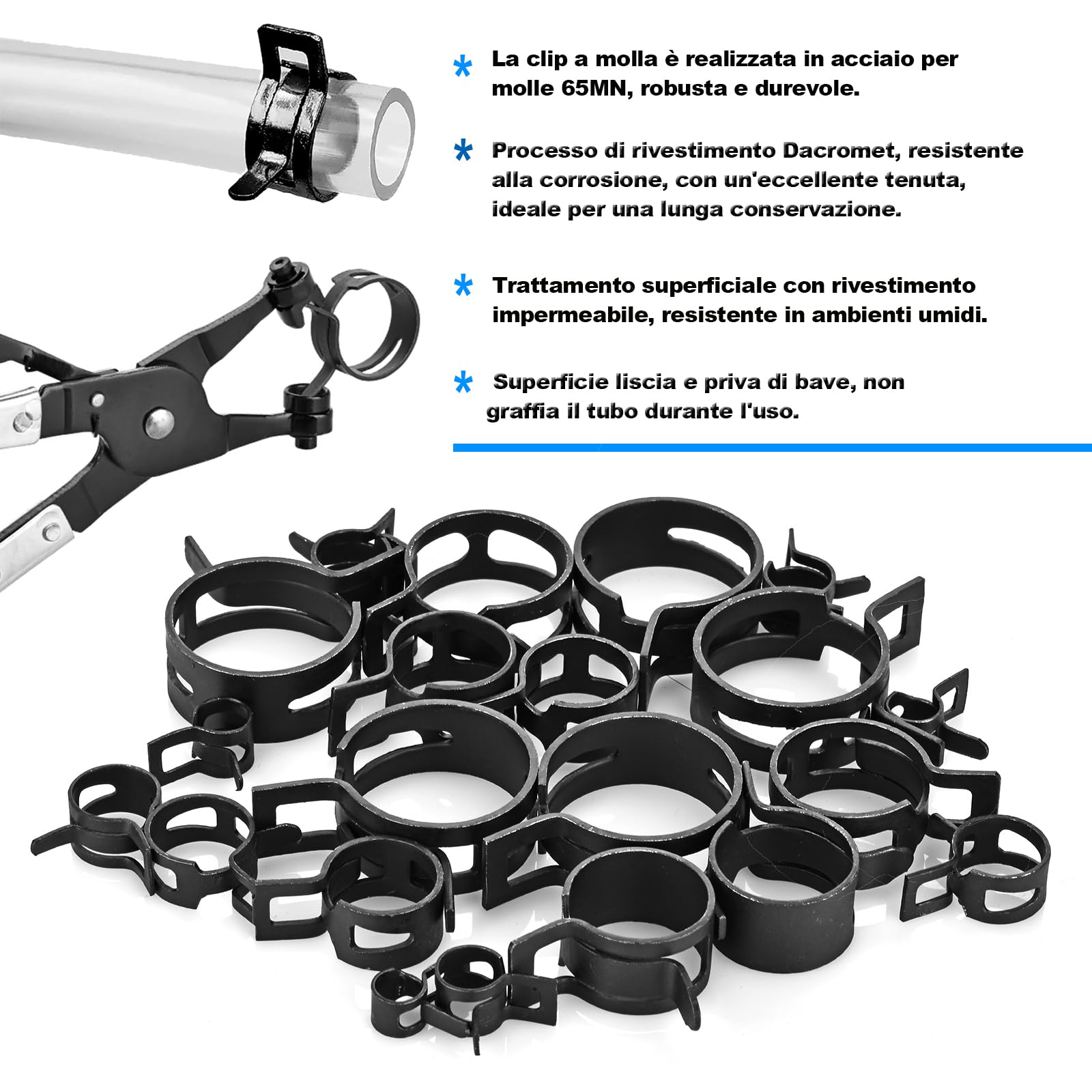 171 fascette stringitubo a molla da 6-25 mm con kit assortito di pinze piatte girevoli, morsetto in acciaio per tubo di aspirazione in silicone a bassa pressione