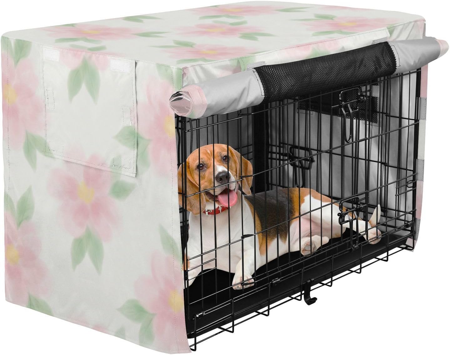 Duty 600D Silver Coated Dog Crate Cover, Water-Resistant Floral Print Pet Kennel Canopy with Mesh Windows for Optimal Ventilation, Universal Fit for Standard Wire Cage, Indoor & Travel
