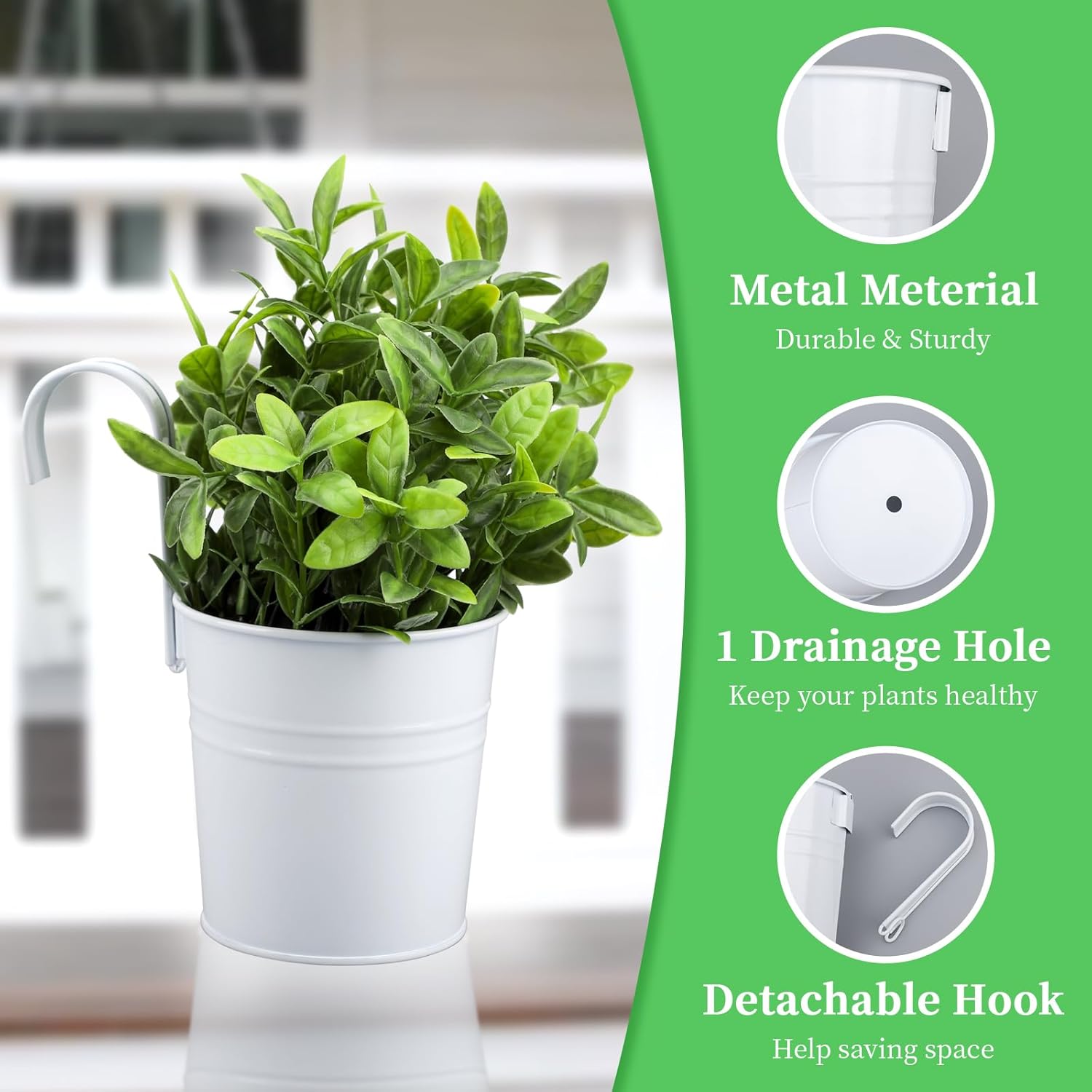 GREANER Flower Boxes for Railings, White Fence Hanging Planters with Detachable Hooks, Metal Iron Bucket Planter for Railing Fence Balcony Garden Home Decor- 10 Packs