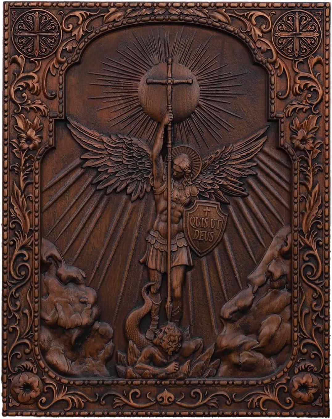 QIADGE Archangel Michael in the Cross Wall Hanging Wooden Carved Home Decor Plaque Personalized Crafts Christian Gift Idea (13.7 * 10.7 in)