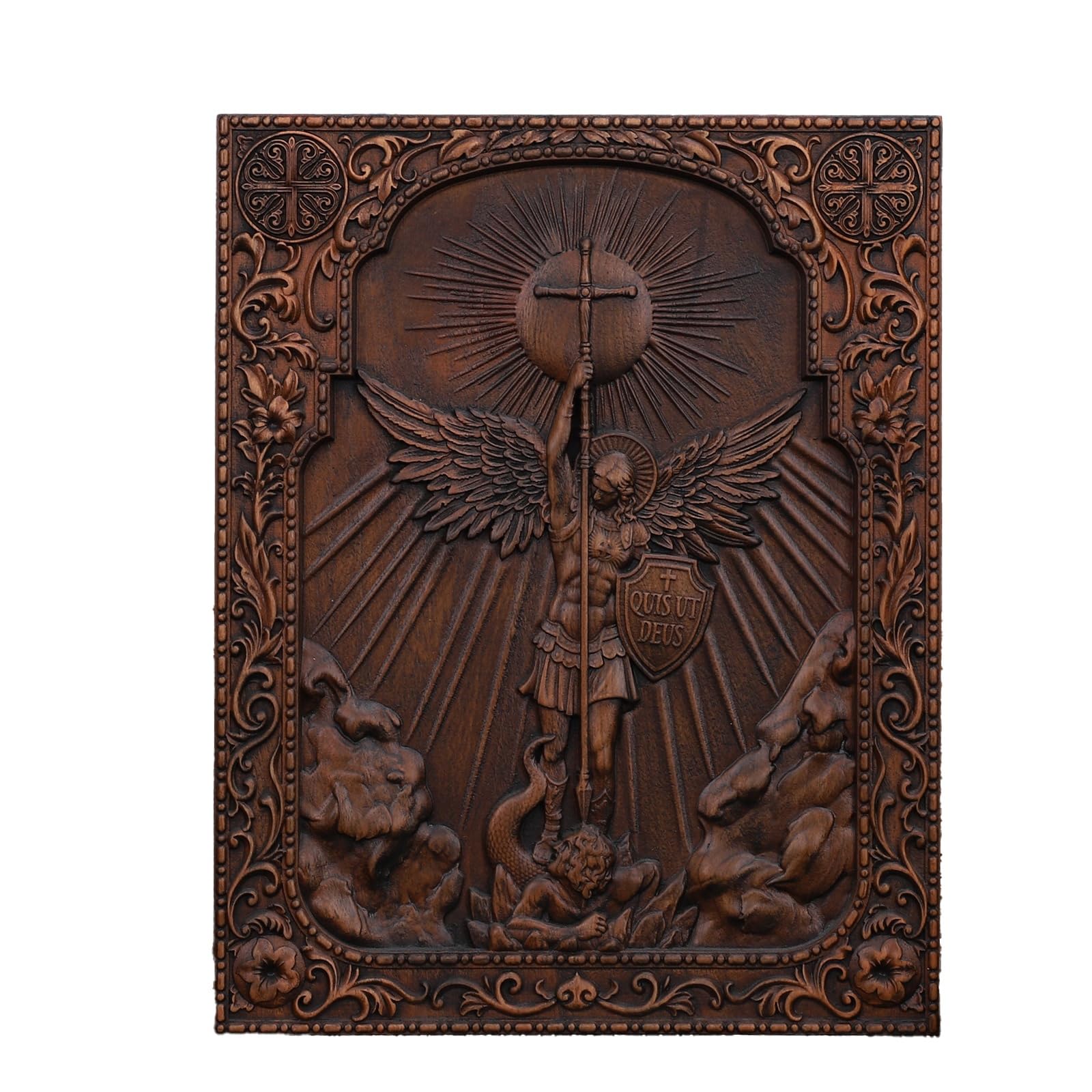 Placa de madera de San Miguel en cruz, relieve religioso decorativo para pared de hogar 7