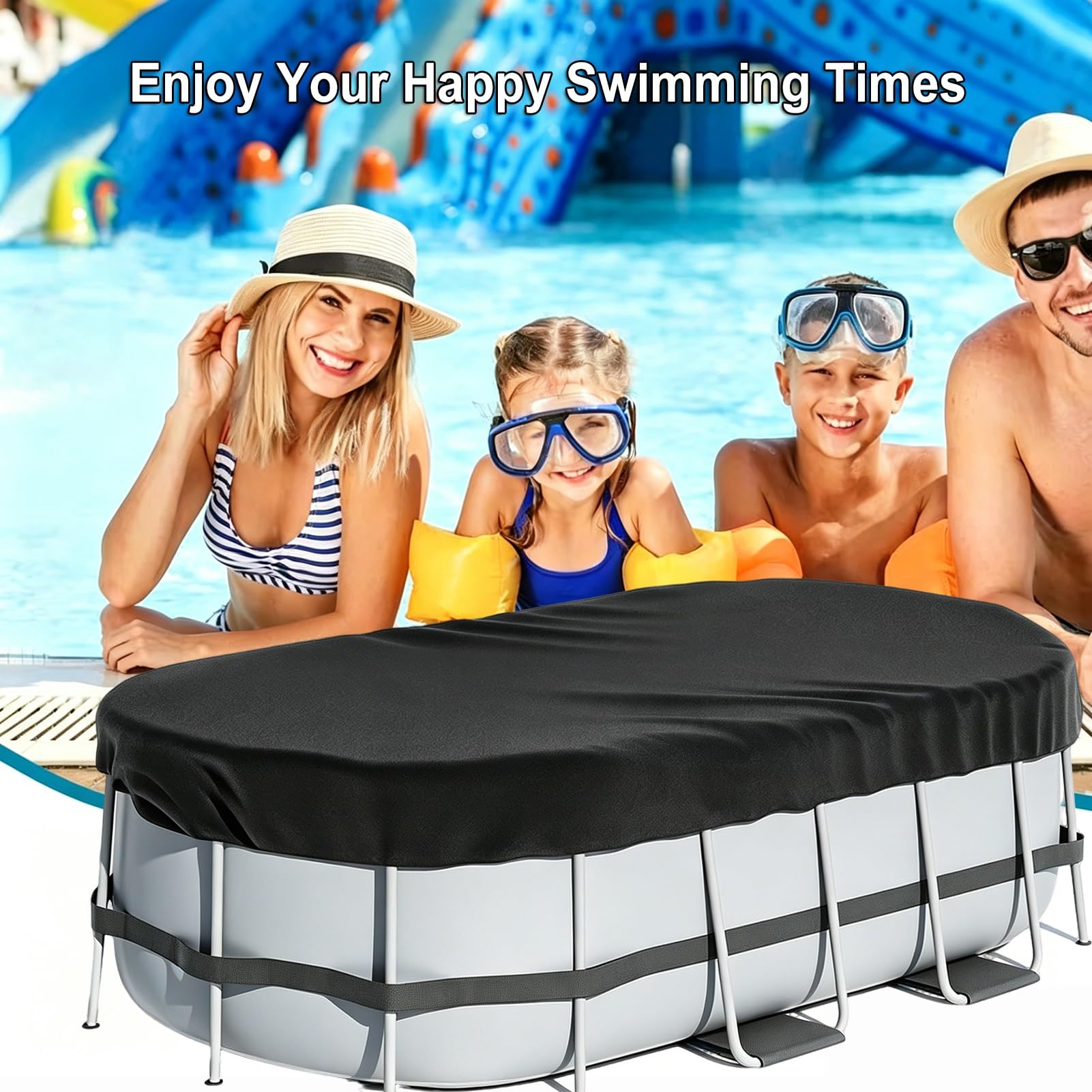 Cobertor Piscina Ovalada 9x18FT, Tela Oxford 420D Cubre Piscinas, Resistente al Agua, al Polvo y al Desgarro Cobertor Piscina Invierno con Cuerda y Estacas para el Suelo