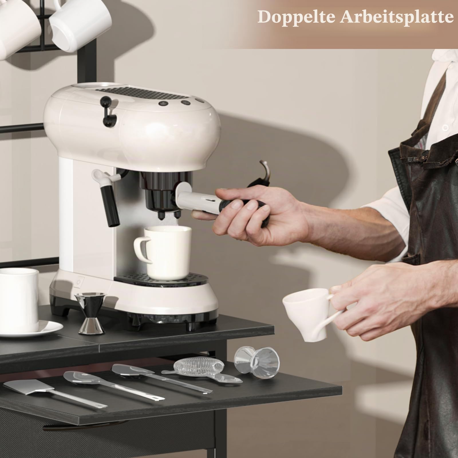 Kaffeebar-Station, 5-stöckiges Kaffeeregal mit Schubladen zur Aufbewahrung, Küchenregal mit 4 S-förmigen Haken und Zwei Holzablagen, Küchenregal für kleine Räume, Wohnzimmer, Flur (schwarz)