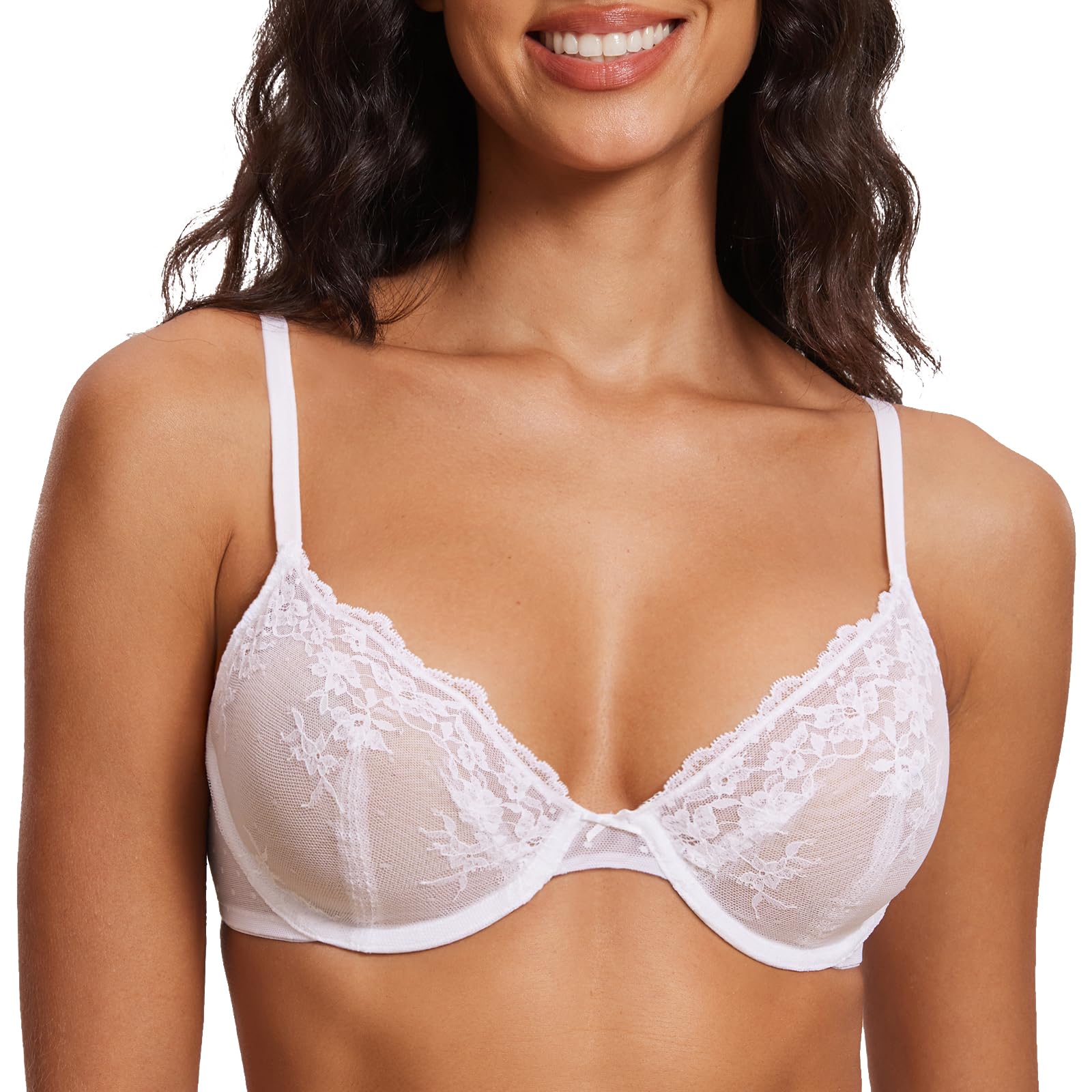 DOBREVA Women's Lace Mesh Bra Unlined Plunge Underwire Bras See Through Sexy Bralette White 34B