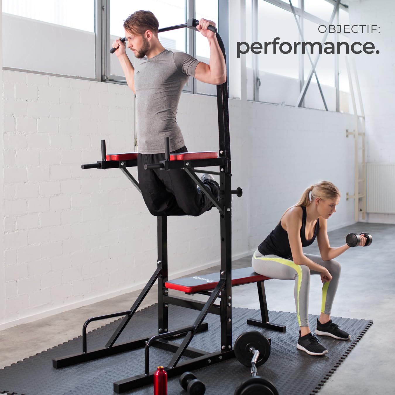 tectake® Station de Musculation Cage de Musculation Banc de Musculation Pliable Barre de Tractions Appareil Musculation Banc d'haltères Barre Musculation Sport Maison Fitness 180 x 95 x 210 cm