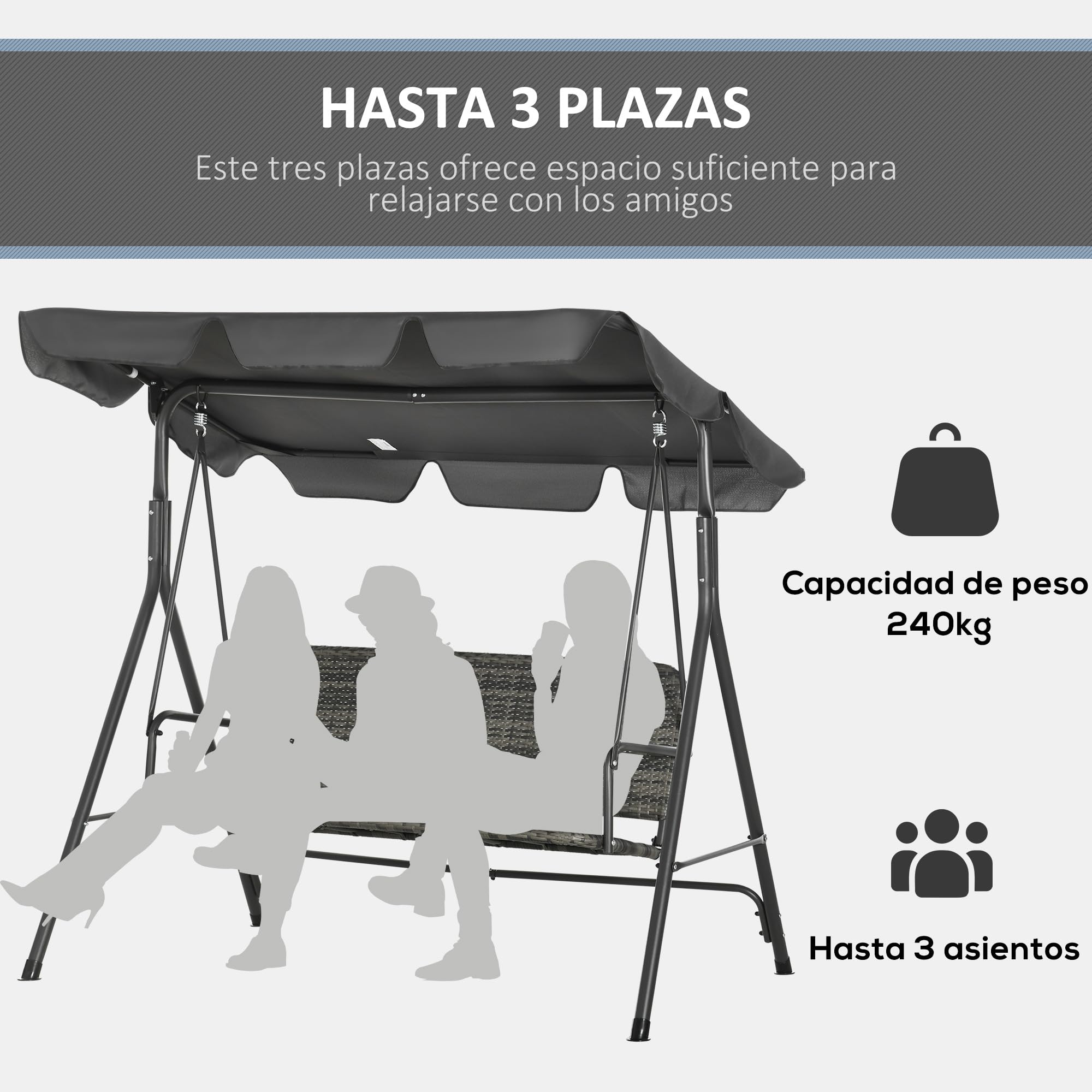 Outsunny Columpio de Jardín Exterior de 3 Plazas Balancín de Jardín Exterior con Toldo Ajustable Asiento de Ratán PE y Reposabrazos para Balcón Terraza Patio Carga 240 kg 167x112x153 cm Gris