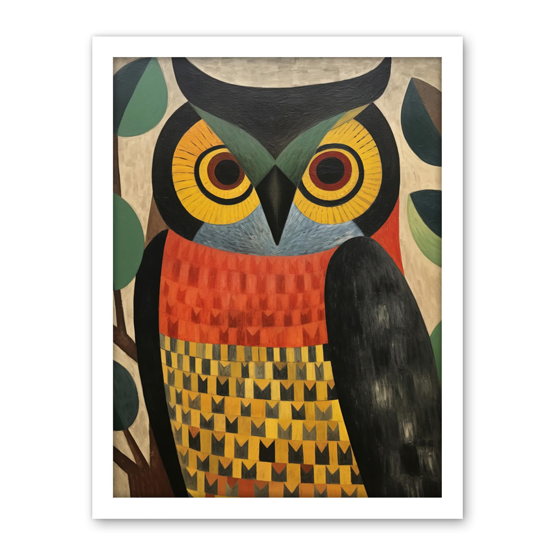 Artery8 Folk Art Geometric Owl Boho Colours Yellow Coral Green Bold but Subtle Artwork Framed Wall Art Print 18X24 Inch