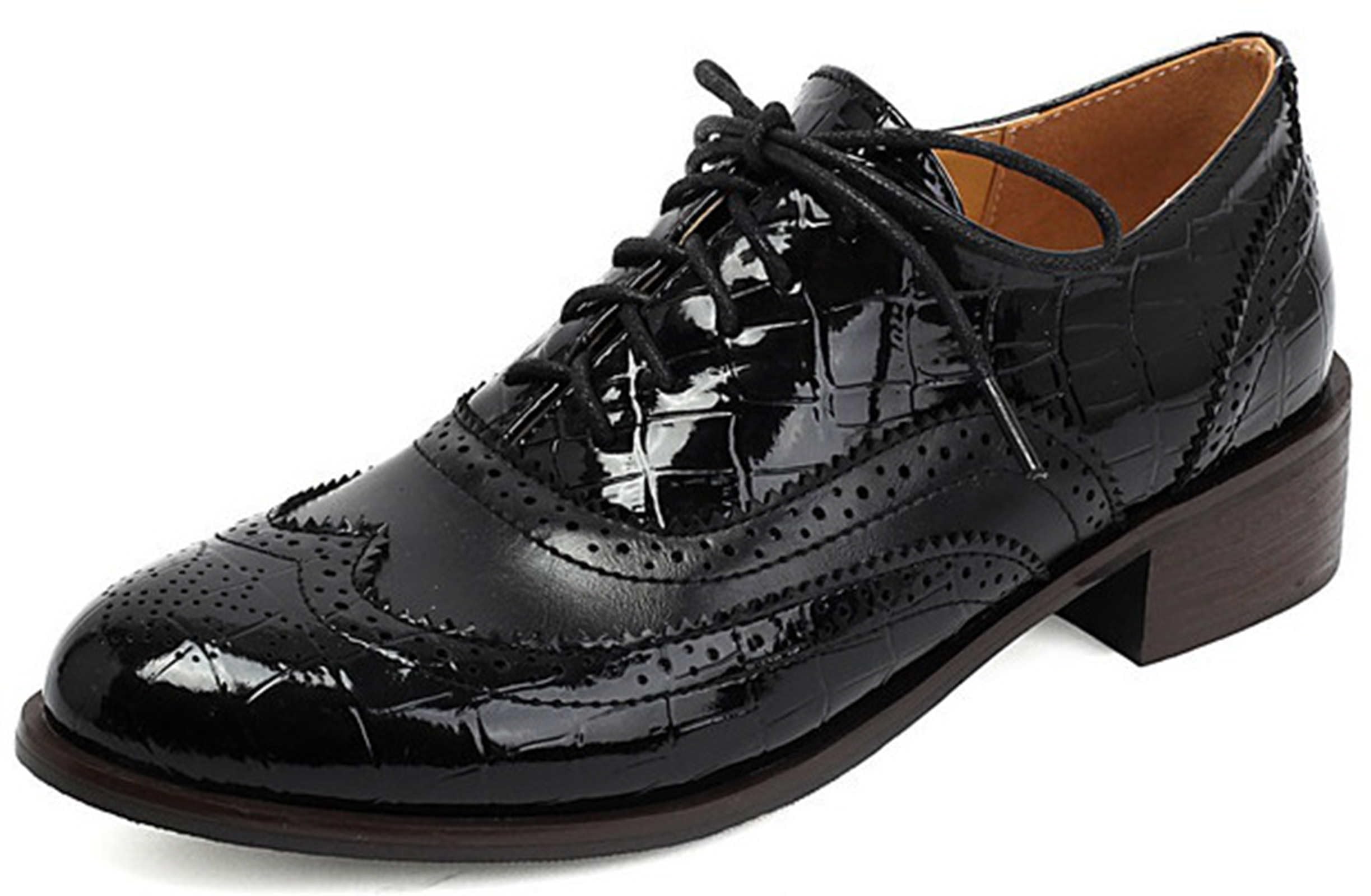 Womens Oxfords Chunky Heeled Patent Lace Up Brogue Shoes