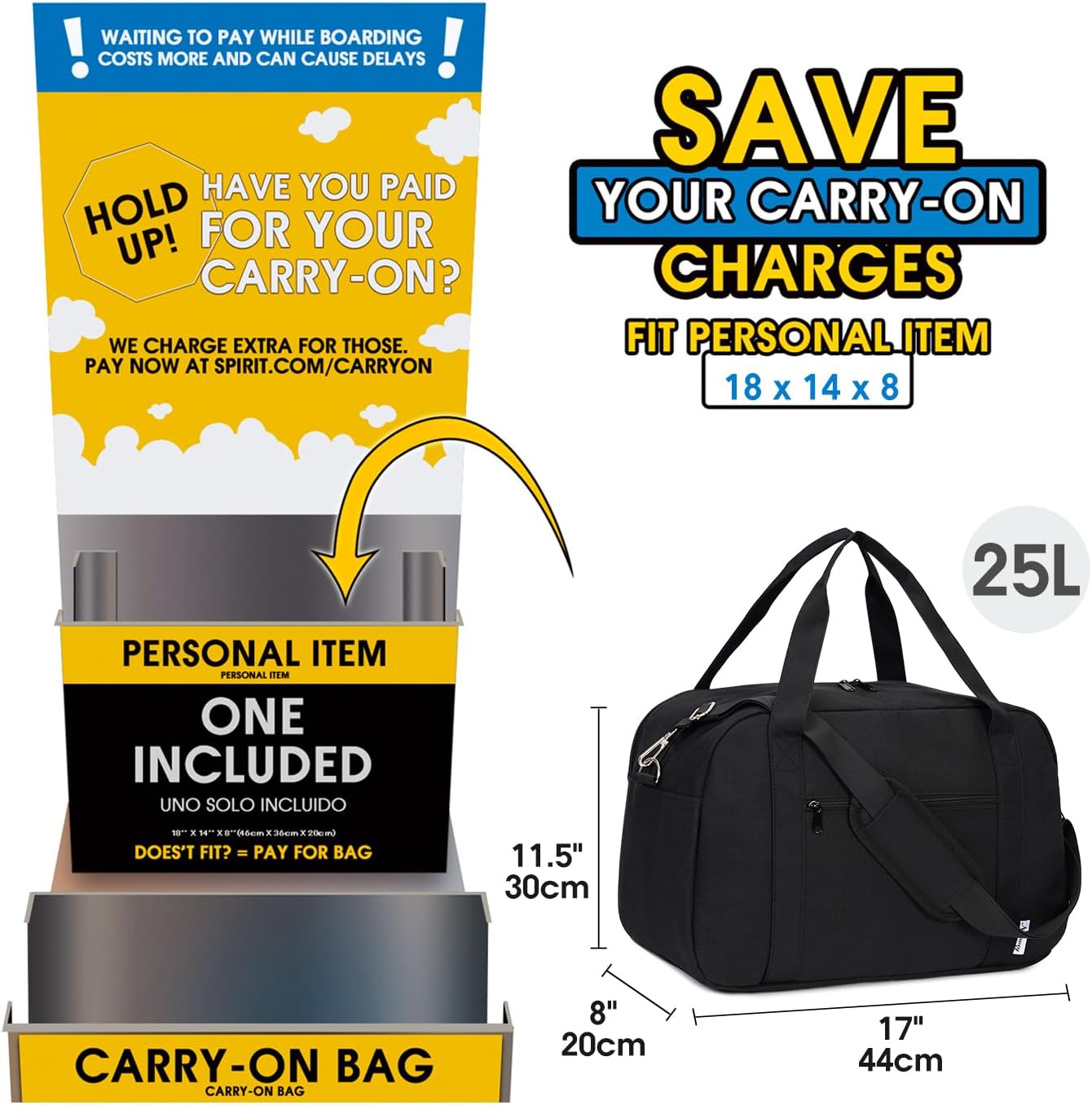 Narwey 18" Carry on Bag with Laptop Compartment 14 Inch Travel Duffel Bag for Spirit Airlines Personal Item Bag Overnight Weekender Bag with Wet Pocket for Women and Men (Black) - Image 2