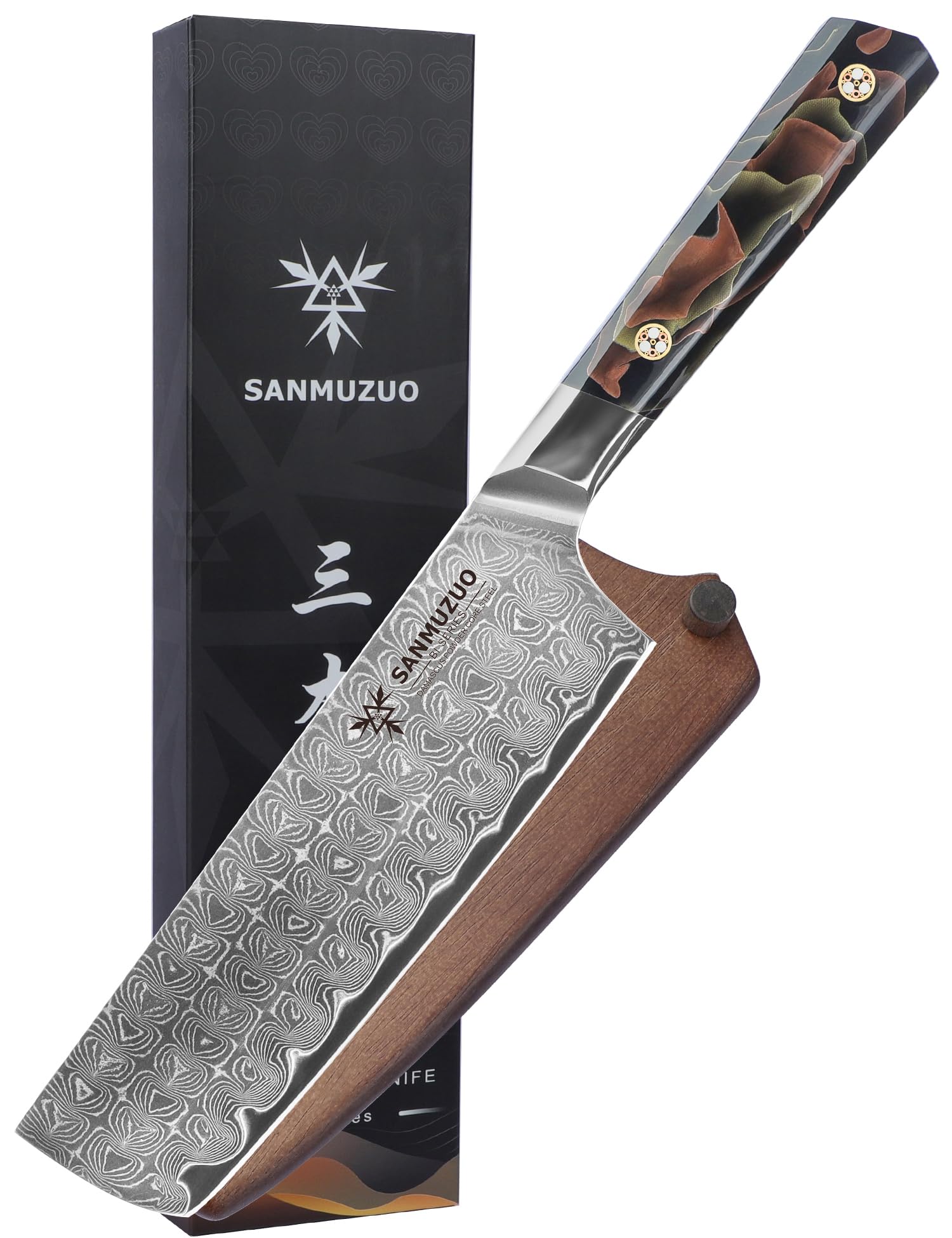Coltello da cucina Nakiri da 18 CM, coltello da cucina professionale, acciaio in polvere di Damasco ultra affilato con impugnatura in resina a codolo intero, serie Bi