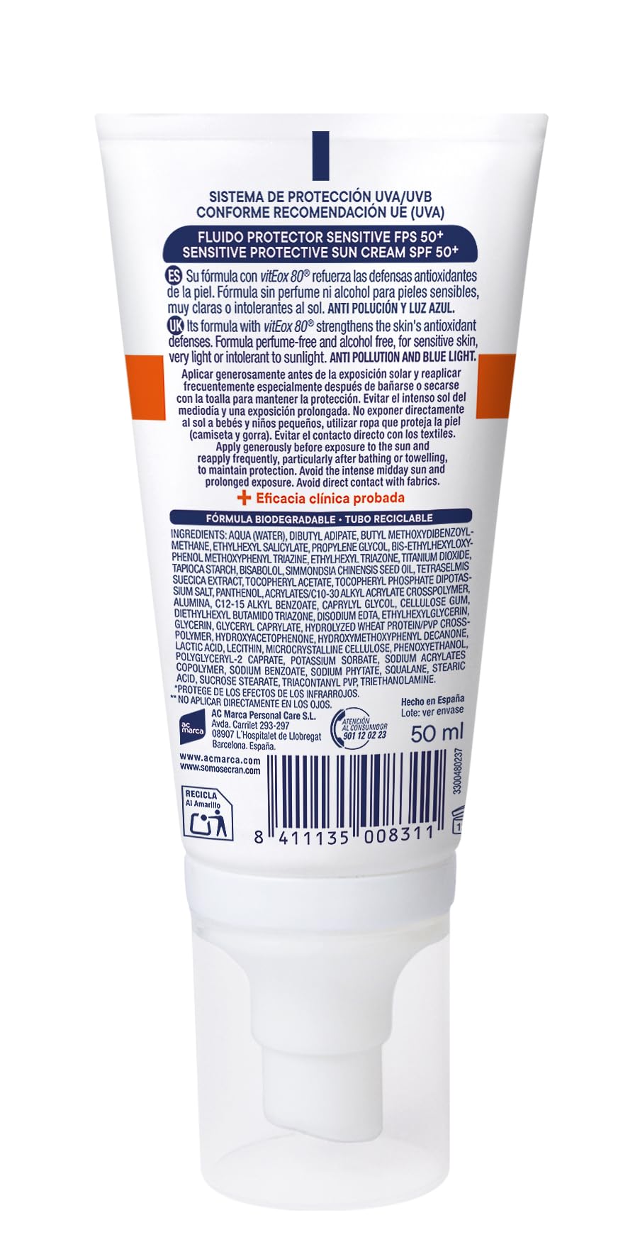 ECRAN Sunnique Sun Cream Sunnique Sensitive+ Fluido Protector SPF 50plus Crème solaire spécialement conçue pour le visage avec SPF 50plus 50 ml