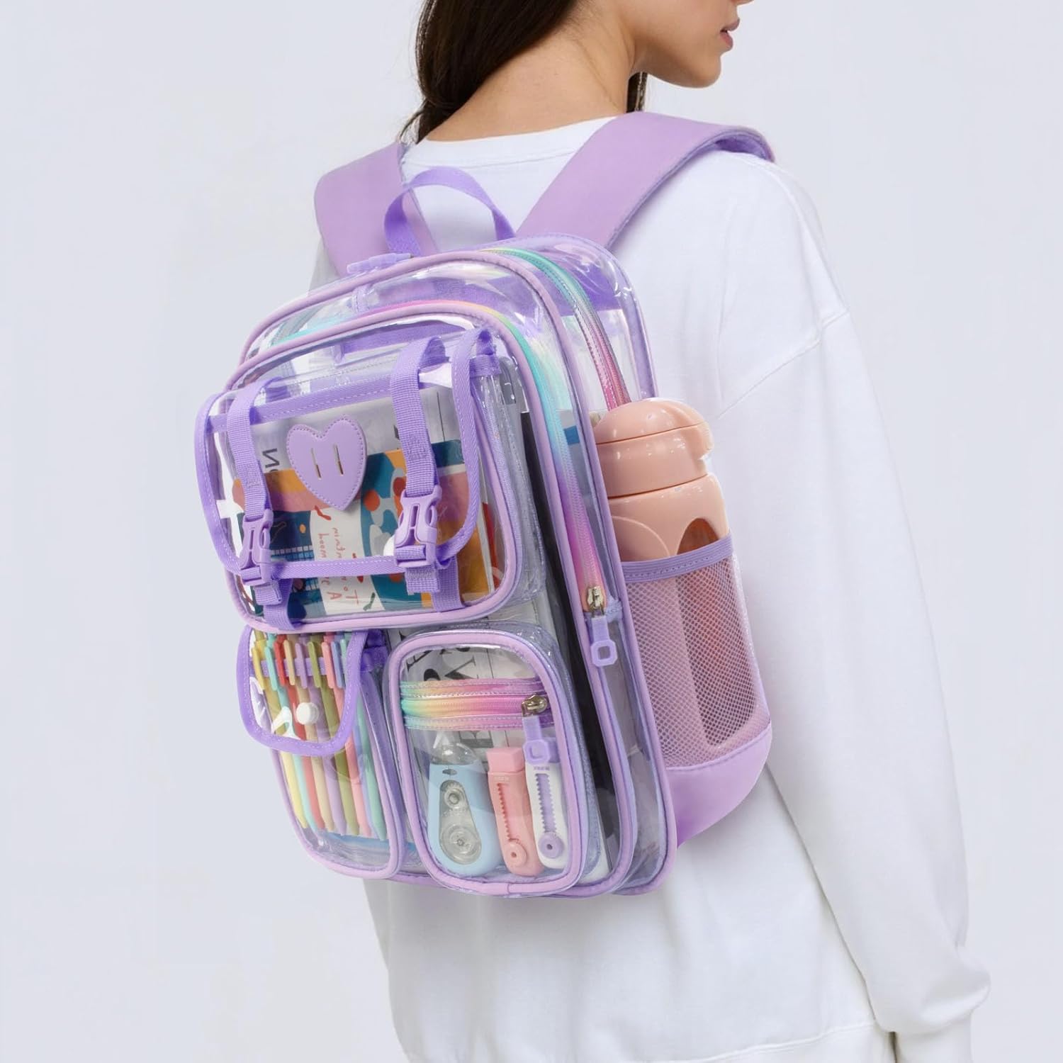 Clear Backpack for Girls Women Heavy Duty Transparent Bookbag School Backpack with Mesh Pockets Stadium Approved See Through Backpack (Purple)