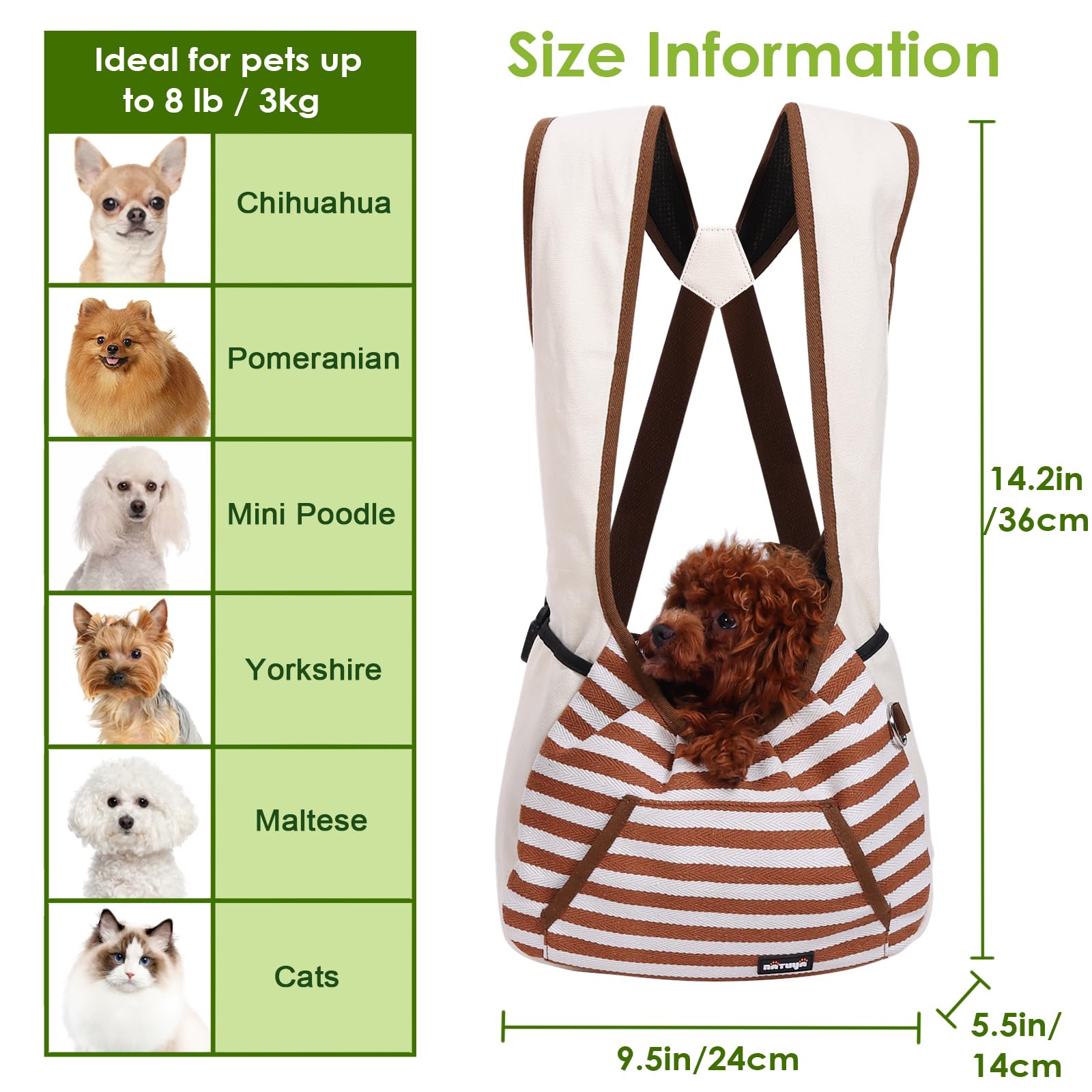 NATUYA Sac de Transport réglable pour Chien, Chiot, Sac de Voyage, Coussin de Sol, Sac de Transport pour Petits Chiens, Chats, Chiots, Voyages, randonnée, Camping (Kaki)