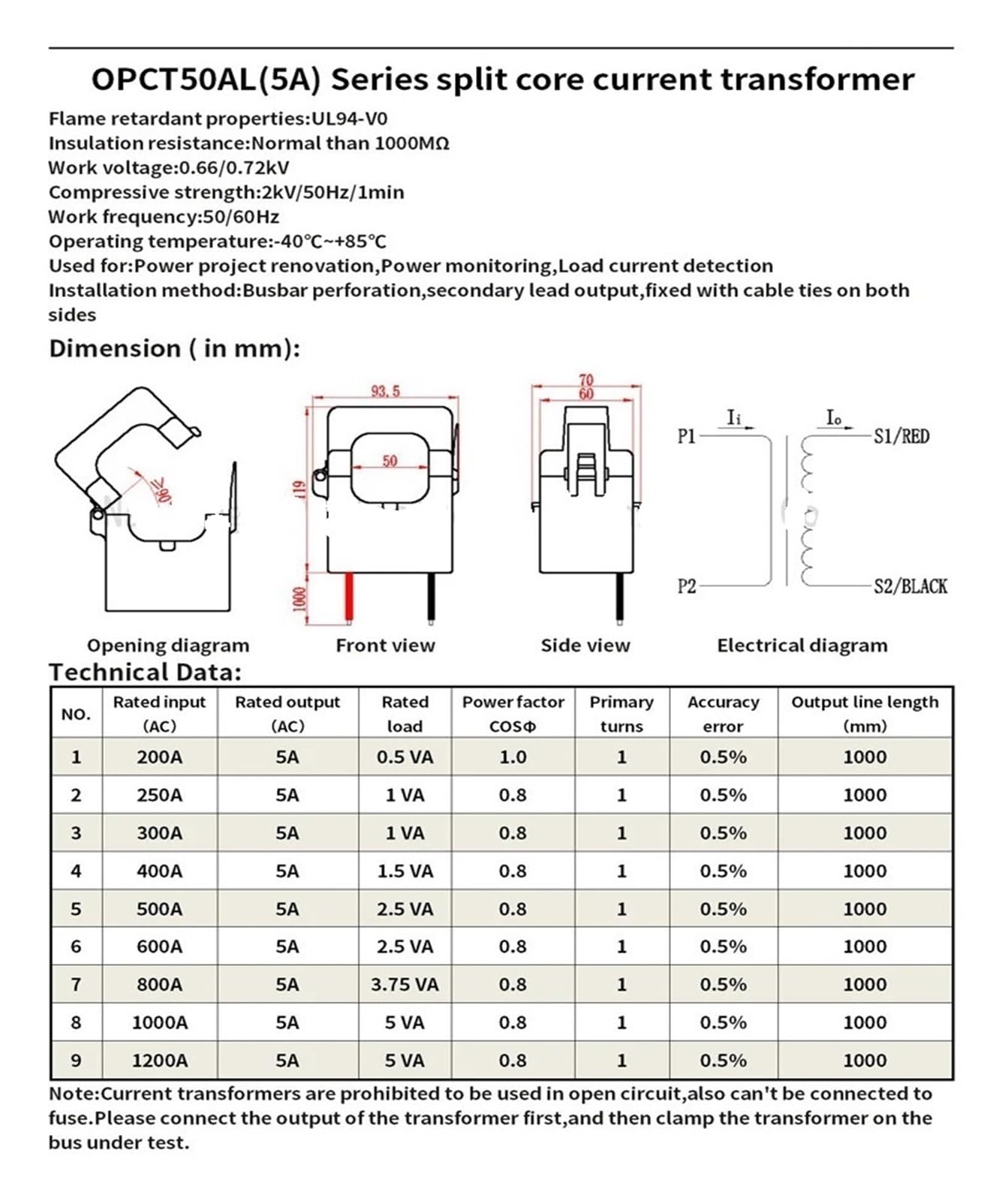 Transformador de corriente de núcleo dividido 250A 400A 600A 800A