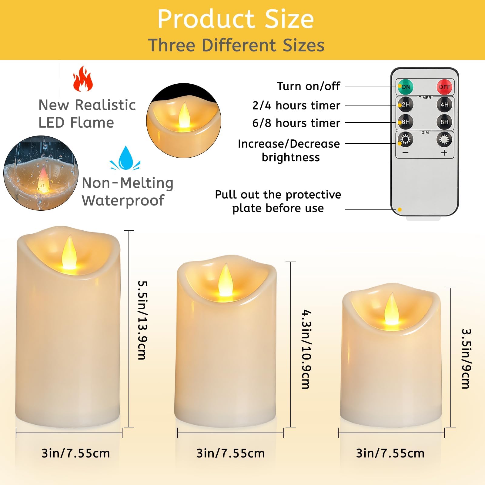 Flameless Candles 4" 5" 6" Set of 3 Outdoor Indoor Ivory Pillars Battery Operated Flickering Candles Include 8-Key Remote Timer Function, Fake Plastic Candles for Wedding, Aniversary, Christmas Decor — view 3