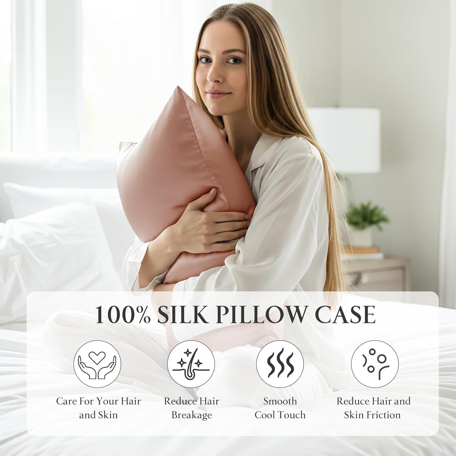 Mulberry Silk Pillow Cases Both Sides Real Natural Silk Luxury Pillowcase for Women Men Hair and Skin,Super Soft Smooth Cooling Sleeping Pillow Covers,Envelope,Standard,Rose Gold