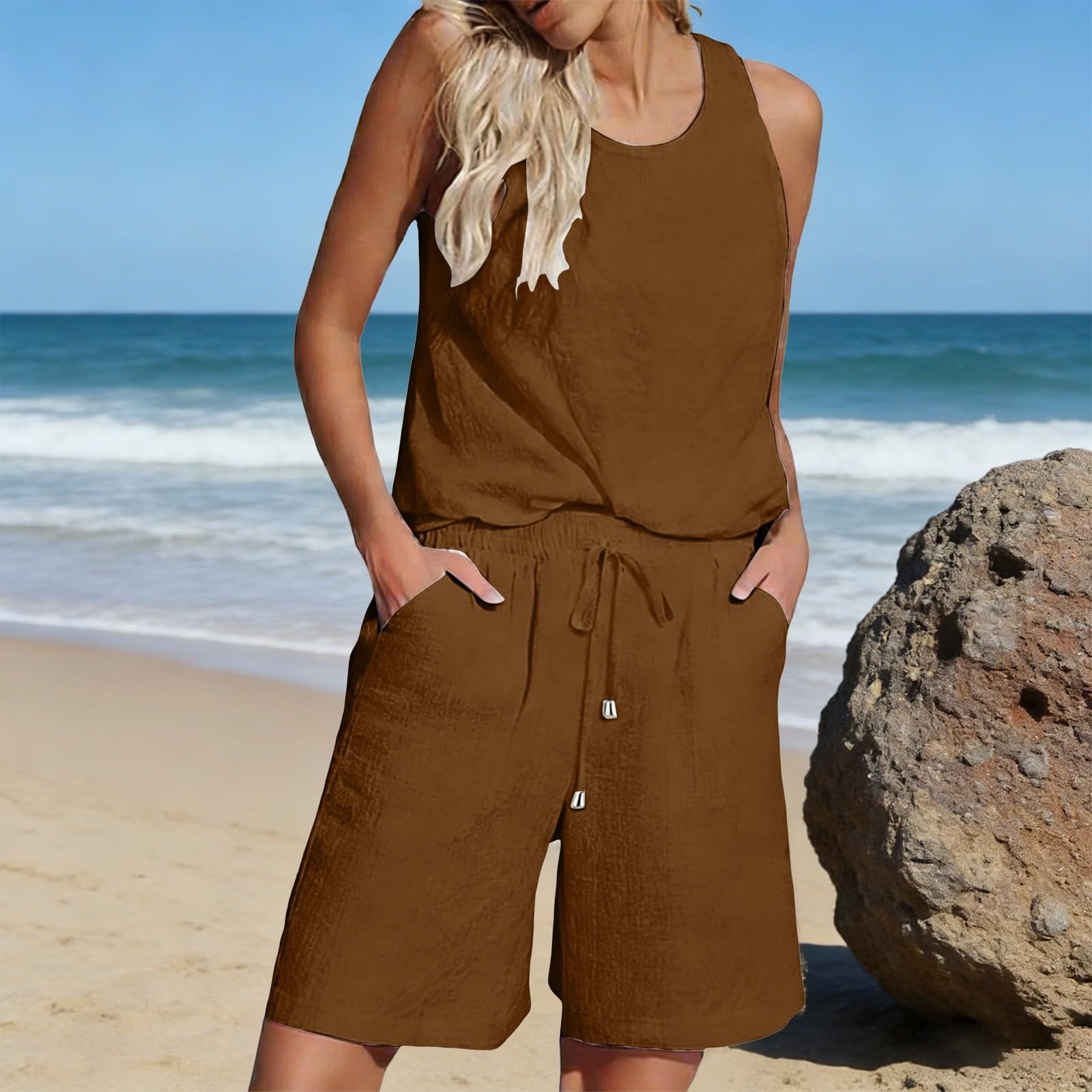 Ensemble Femme Lin Décontracté 2 Pièces En Pour Shorts Été Gilet Chic Et Élégant Fluide Elegant Vetement Chemise Gaze De Coton Ete Haut Tunique Survetement T-shirt Sans Manches Bermuda