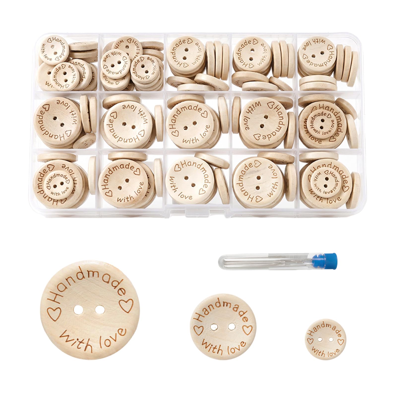 150 Pcs Wooden Buttons Handmade with Love Buttons for Cardigans, Clothes Round Shape Button with Needle for Sewing, Craft, DIY, Decorations, (15mm, 20mm, 25mm)