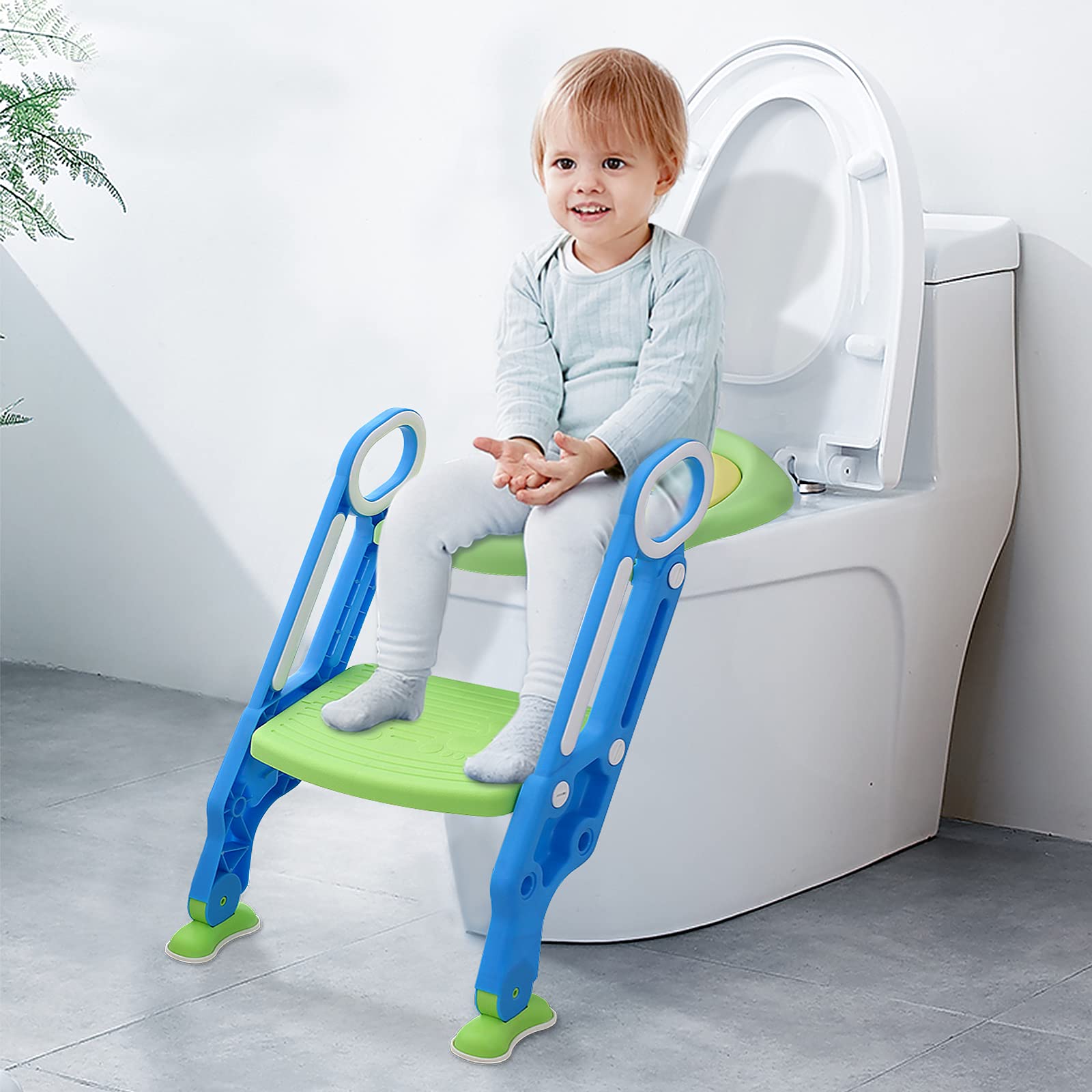 NAIZY Sedia da WC per Bambini con Scala Pieghevole, Regolabile in Altezza, Cuscino Imbottito in PU e Maniglie, Adatta a Bambini da 1 a 7 Anni, Blu e Verde
