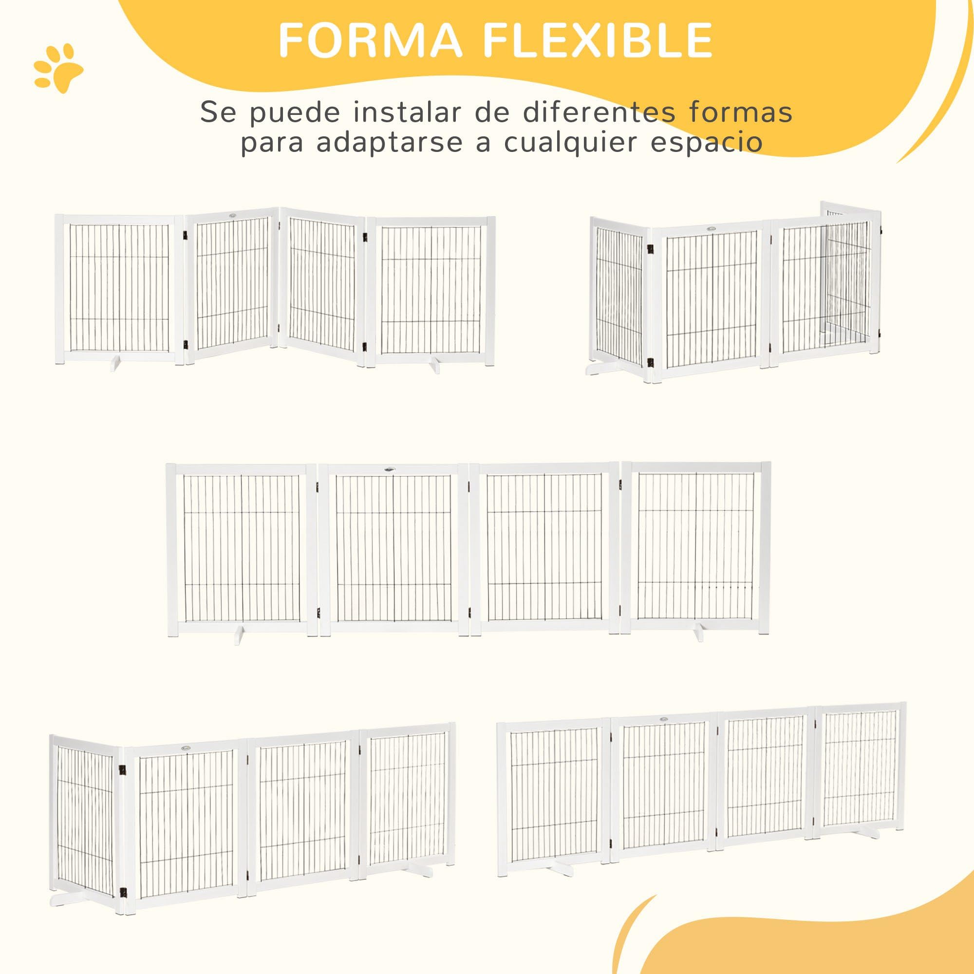 PawHut Barrera de Seguridad Plegable para Perros Madera Rejilla de Protección de 4 Paneles para Mascotas con Patas para Puertas Escaleras Pasillos 264x35,5x77 cm Blanco