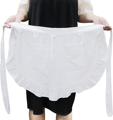 Miniatura 5 de Delantal de cintura blanco para mujer, delantal de cocina con dos bolsillos para camarera, disfraces de sirvienta, delantales para fiesta, Blanco