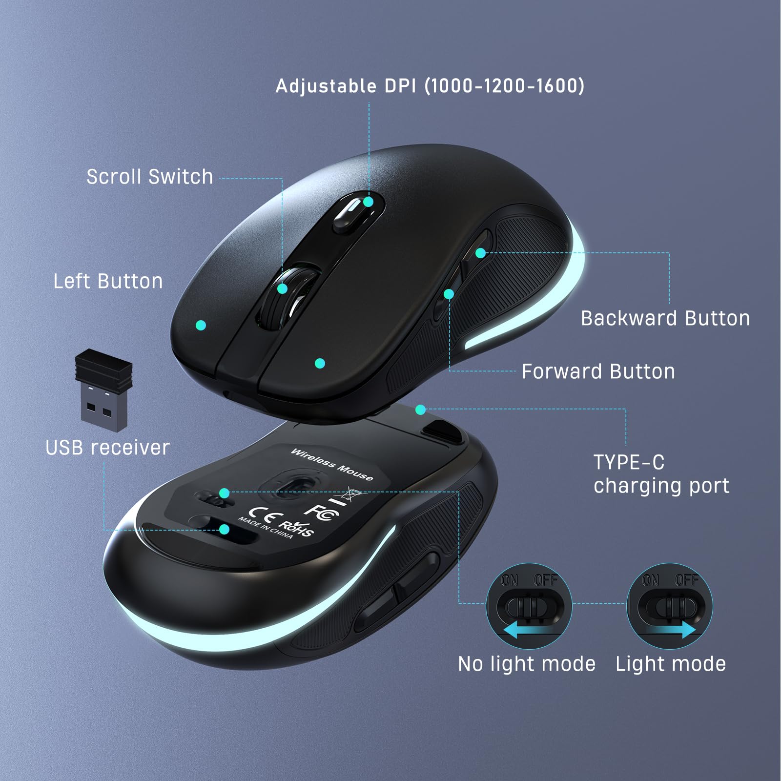 Teclado y mouse inalámbricos de impresión grande, teclado retroiluminado de 7 colores, teclas de letras de gran tamaño, fáciles de ver y escribir, teclado y mouse recargables con tecla iluminada