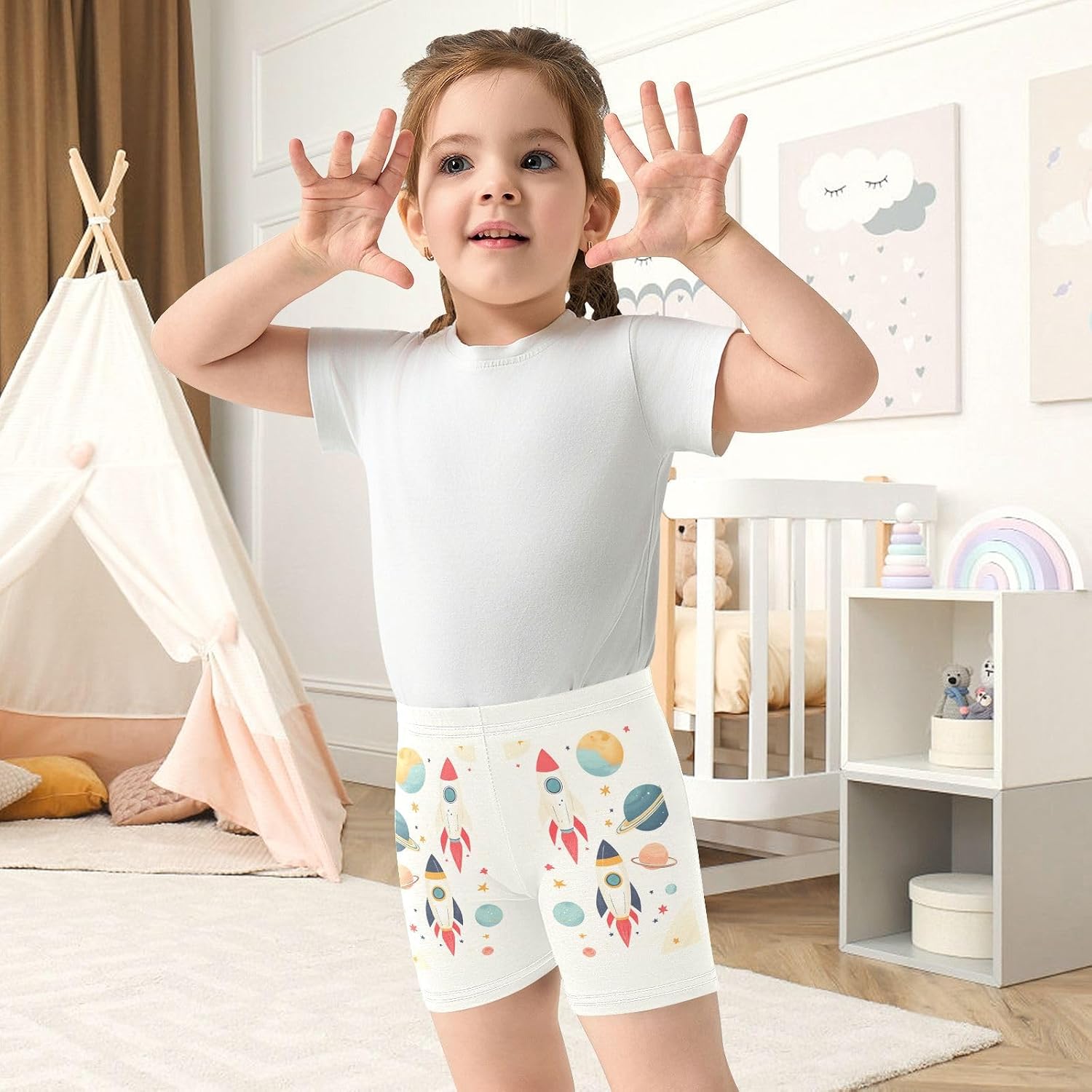 Planet Stars Beige Girls Bike Shorts Toddler Soft Cotton Active Biker Shorts
